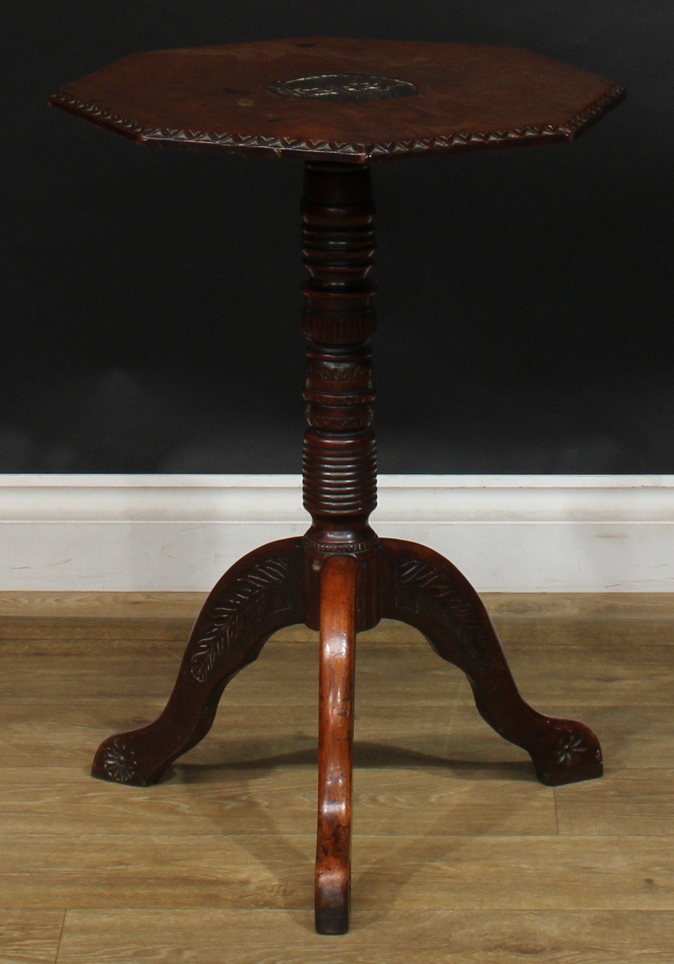A 19th century oak tripod occasional table, possibly Masonic, octagonal top carved in relief with - Image 3 of 5