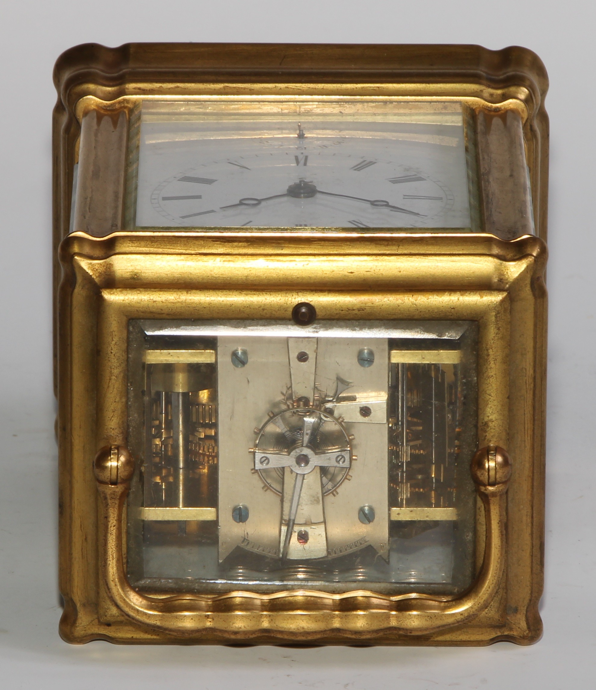 A 19th century Anglo-Indian gilt brass repeater carriage clock, 7cm rectangular enamel dial with - Image 8 of 8
