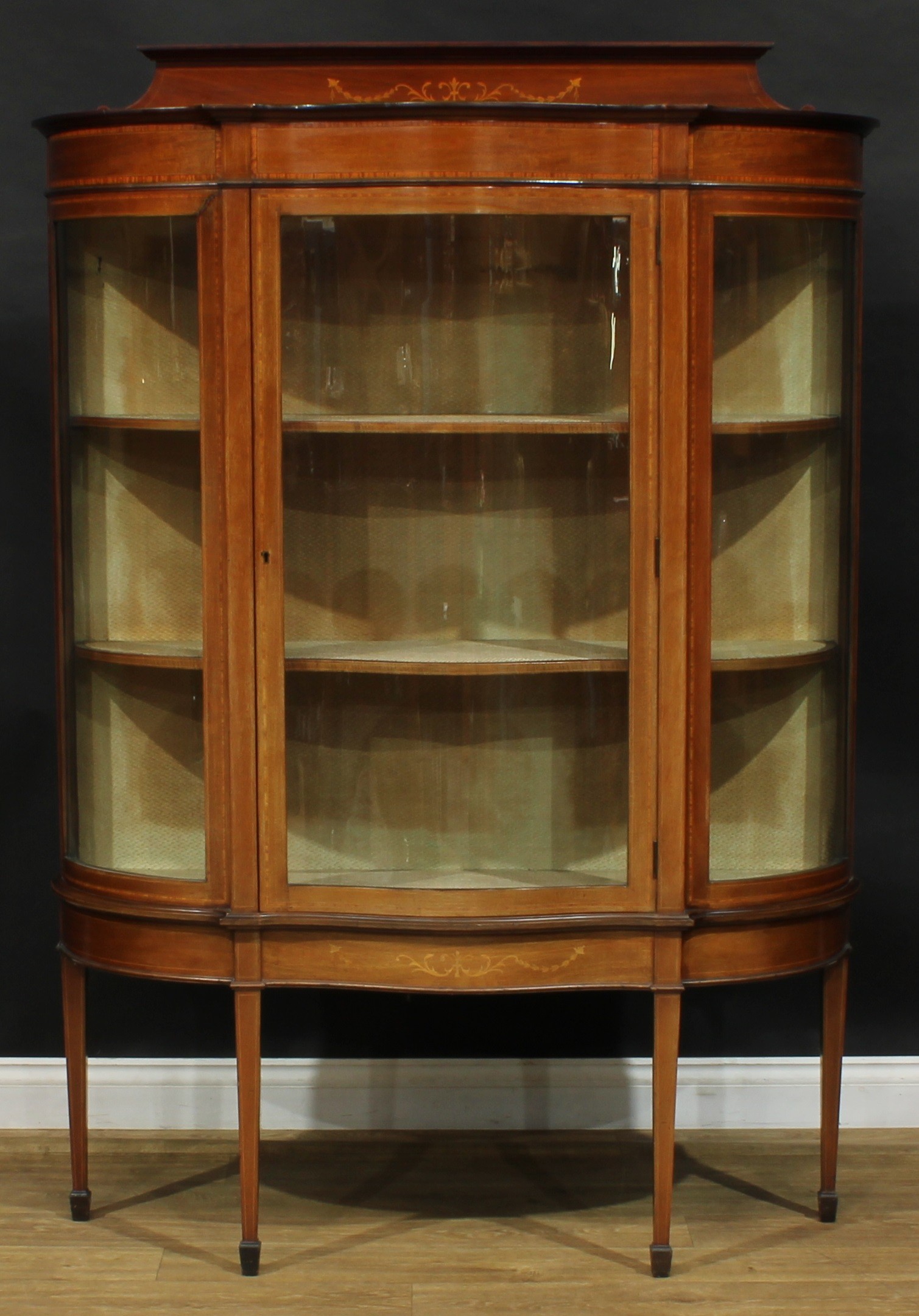 An Edwardian satinwood crossbanded mahogany and marquetry serpentine display cabinet, shaped - Image 2 of 5