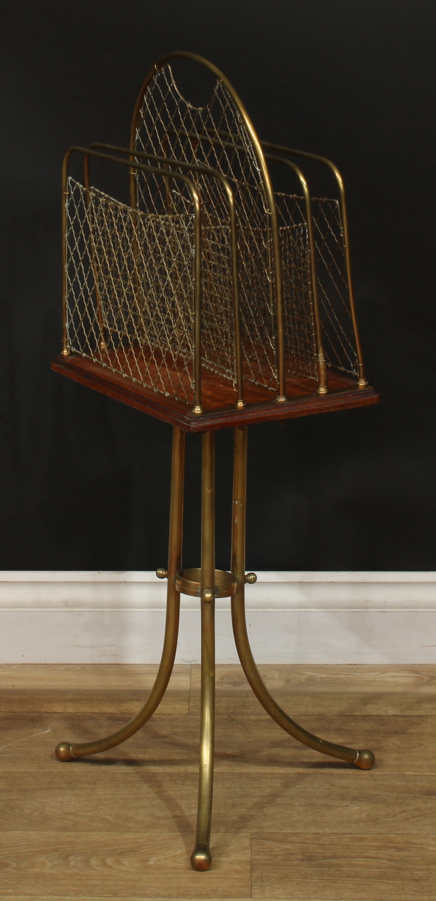 A late Victorian Hall patent brass and oak revolving Canterbury, 86cm high, 37.5cm wide, 23cm - Image 3 of 5