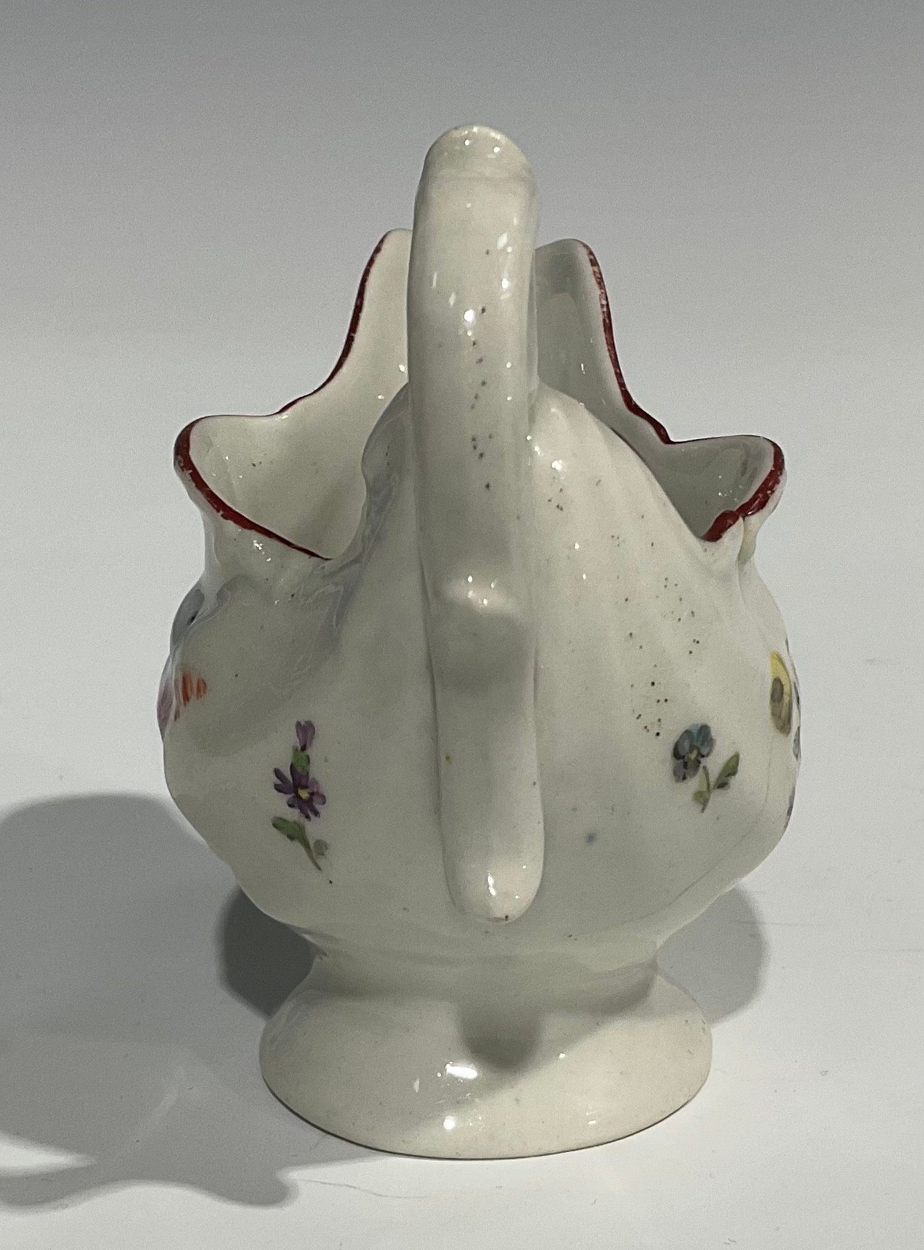 A Derby dolphin ewer cream jug, in relief with shell moulding, painted in polychrome with flowers - Image 4 of 6