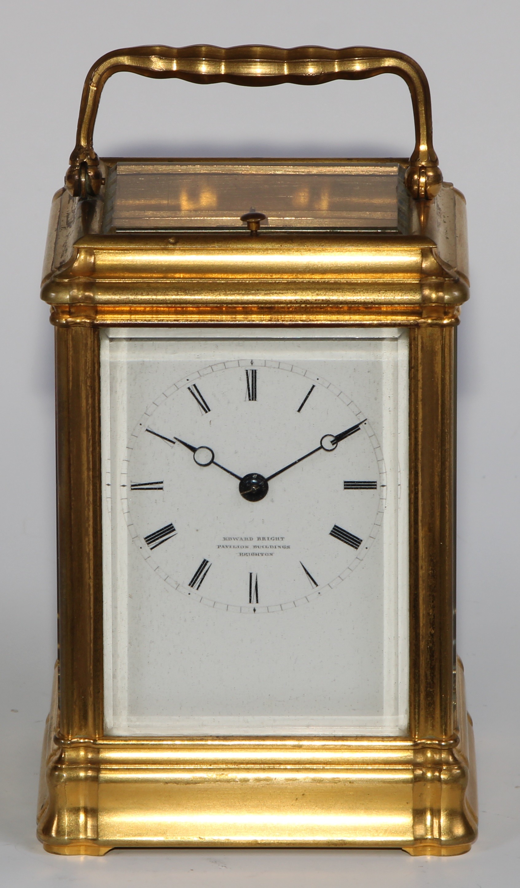 A 19th century gilt brass carriage clock, 6cm rectangular enamel dial inscribed Edward Bright, - Image 2 of 8