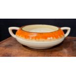 A Clarice Cliff Bizarre Rodanthe pattern compressed circular ribbed two handled bowl, 25cm across