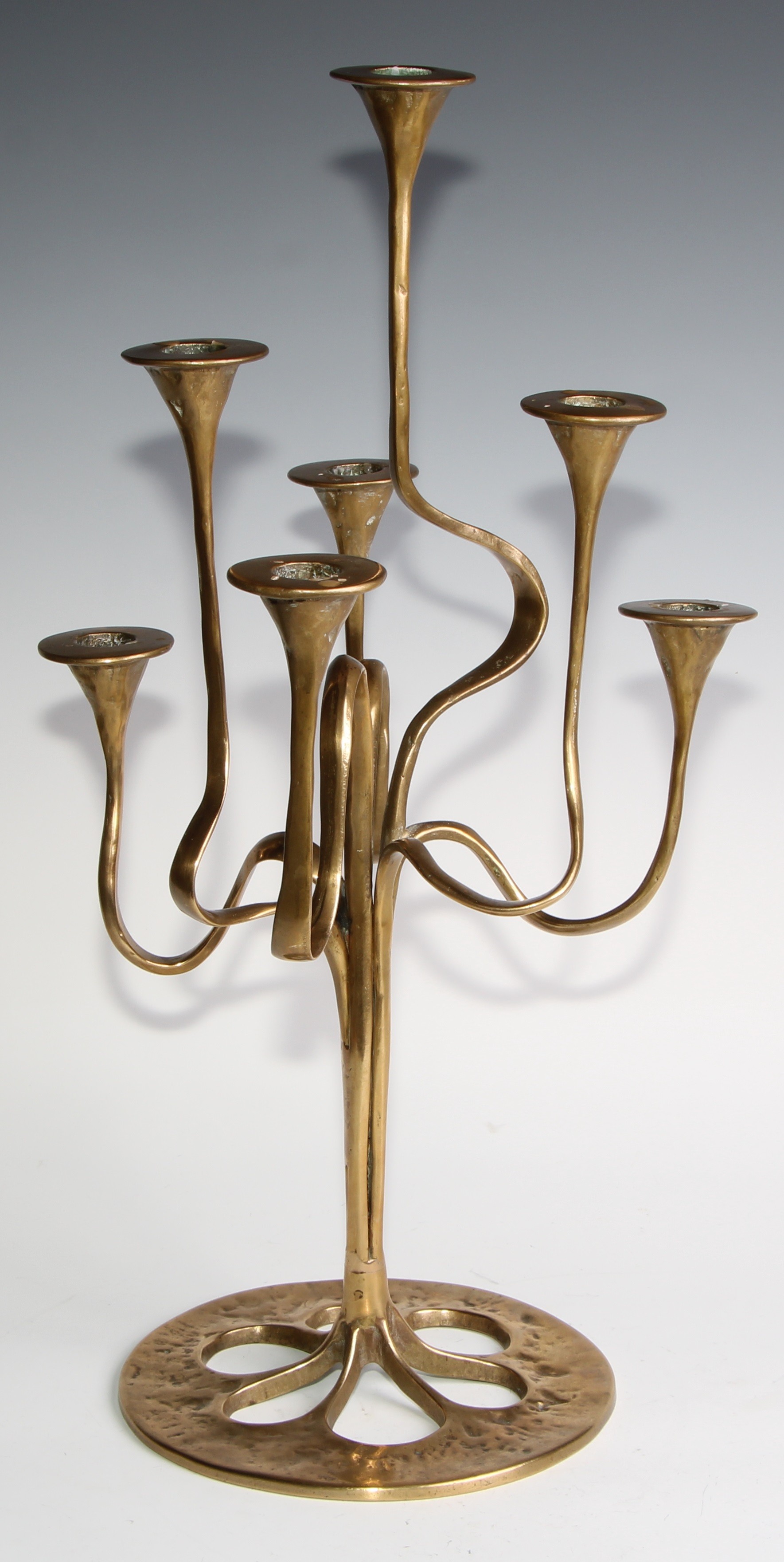 A Jugendstil or Art Nouveau style brass seven-light candelabrum, possibly Bäckhaus Solingen, sinuous - Image 4 of 4