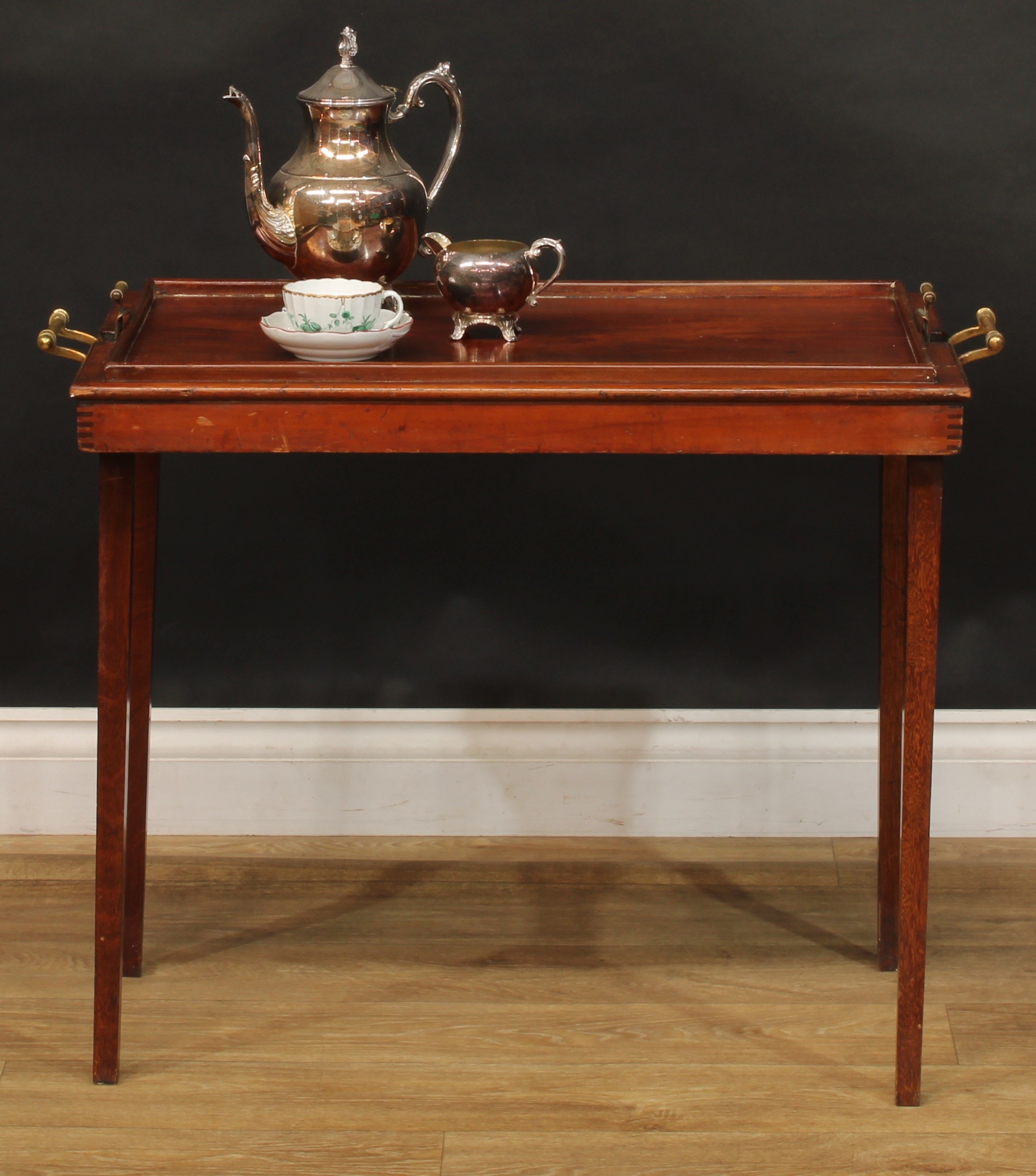 An Edwardian mahogany butler’s carry-and-stand serving tray, The Osterley Table Tray, rectangular