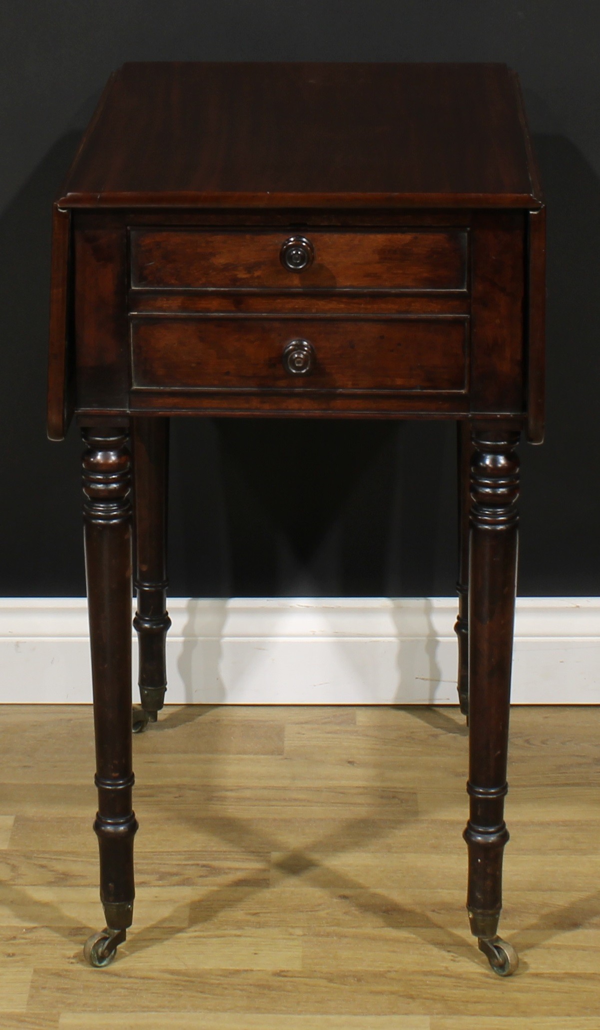 A George IV mahogany Pembroke occasional table, rounded rectangular top with fall leaves above a - Image 2 of 7