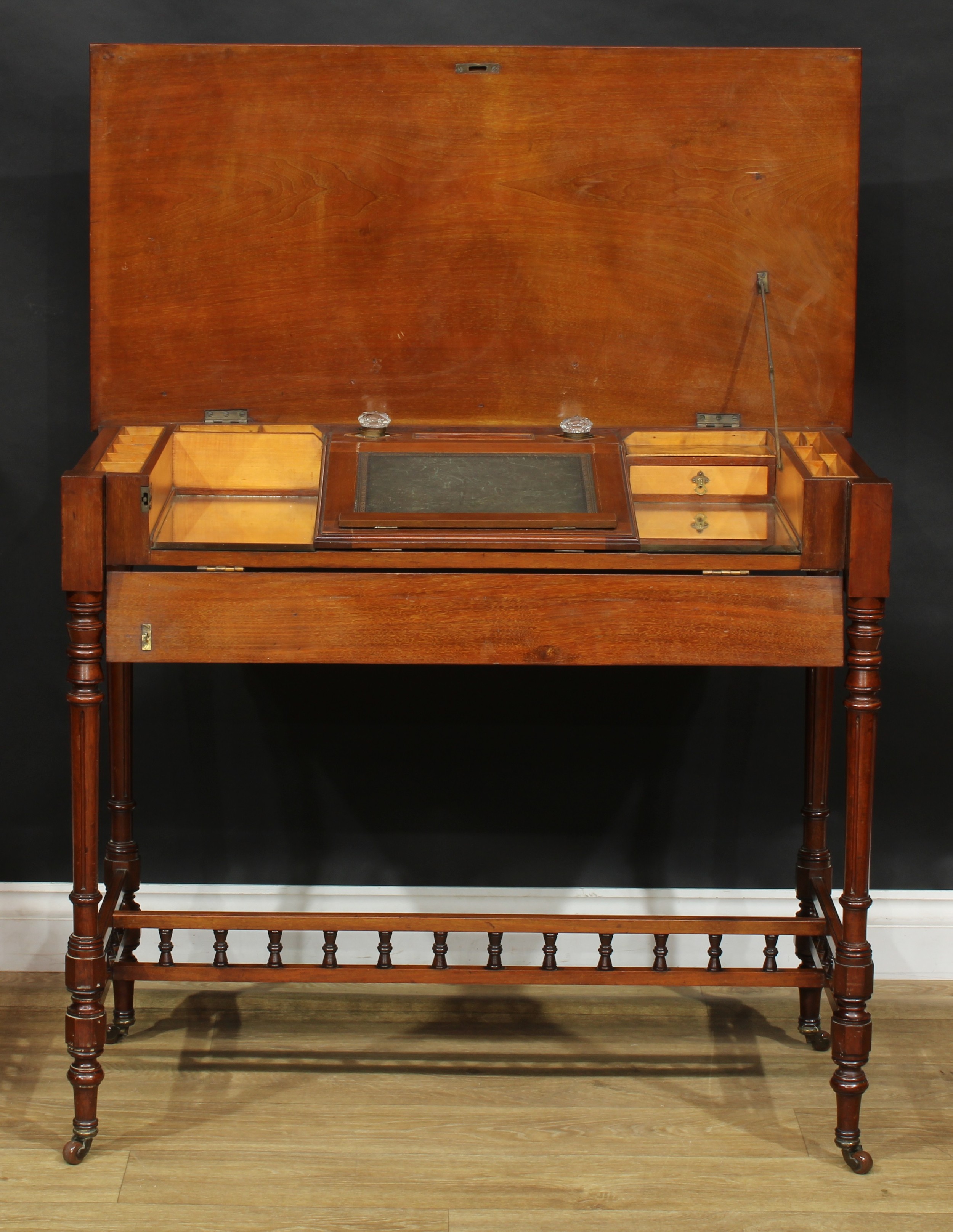 A late 19th century mahogany chamber writing table or desk, hinged rectangular top and fall front - Image 2 of 7