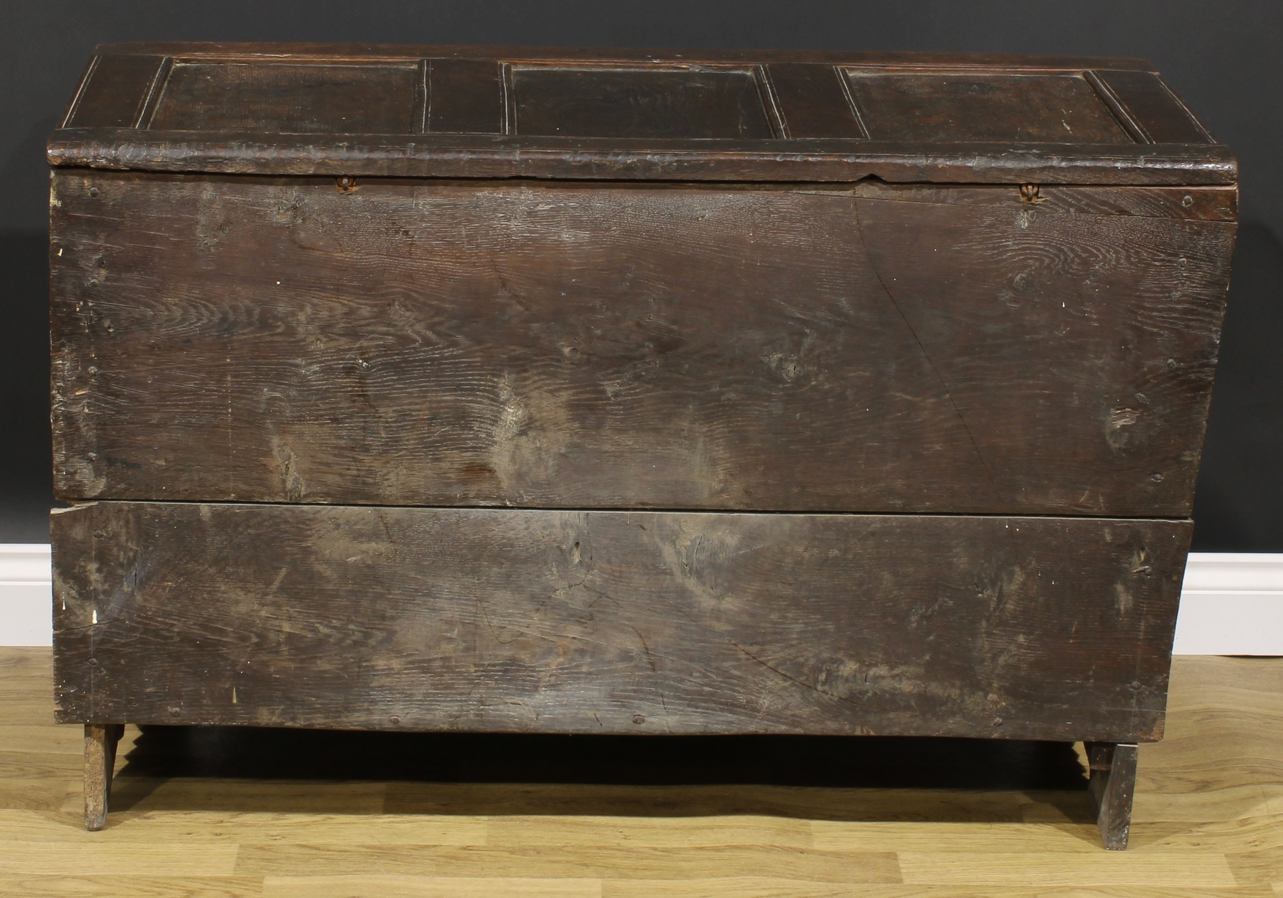 A 17th century oak blanket chest, hinged top, nulled frieze, three panel front, 74cm high, 115cm - Image 5 of 5