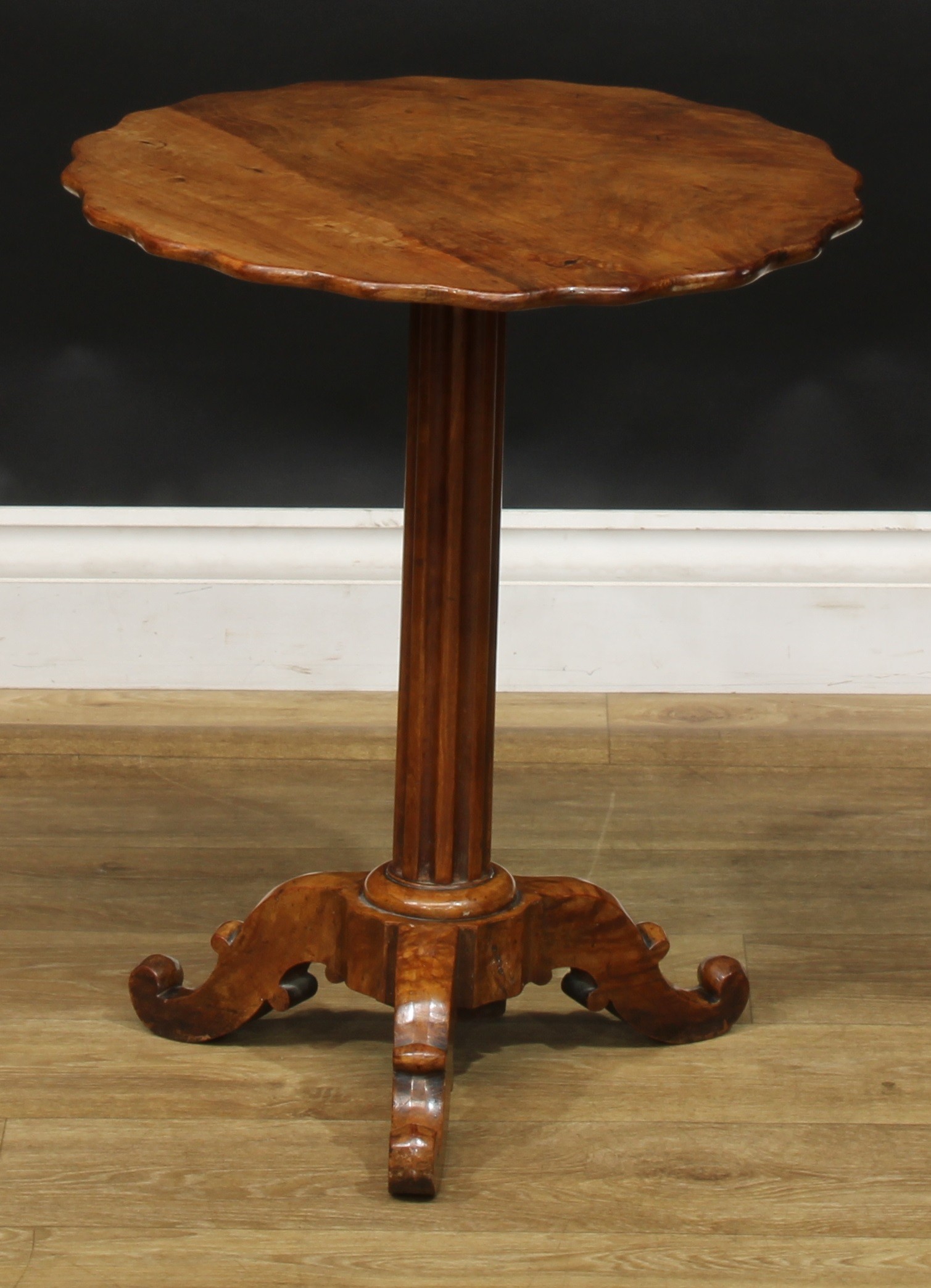 A 19th century walnut and satin birch tripod wine table, shaped circular top, fluted column, - Image 3 of 4