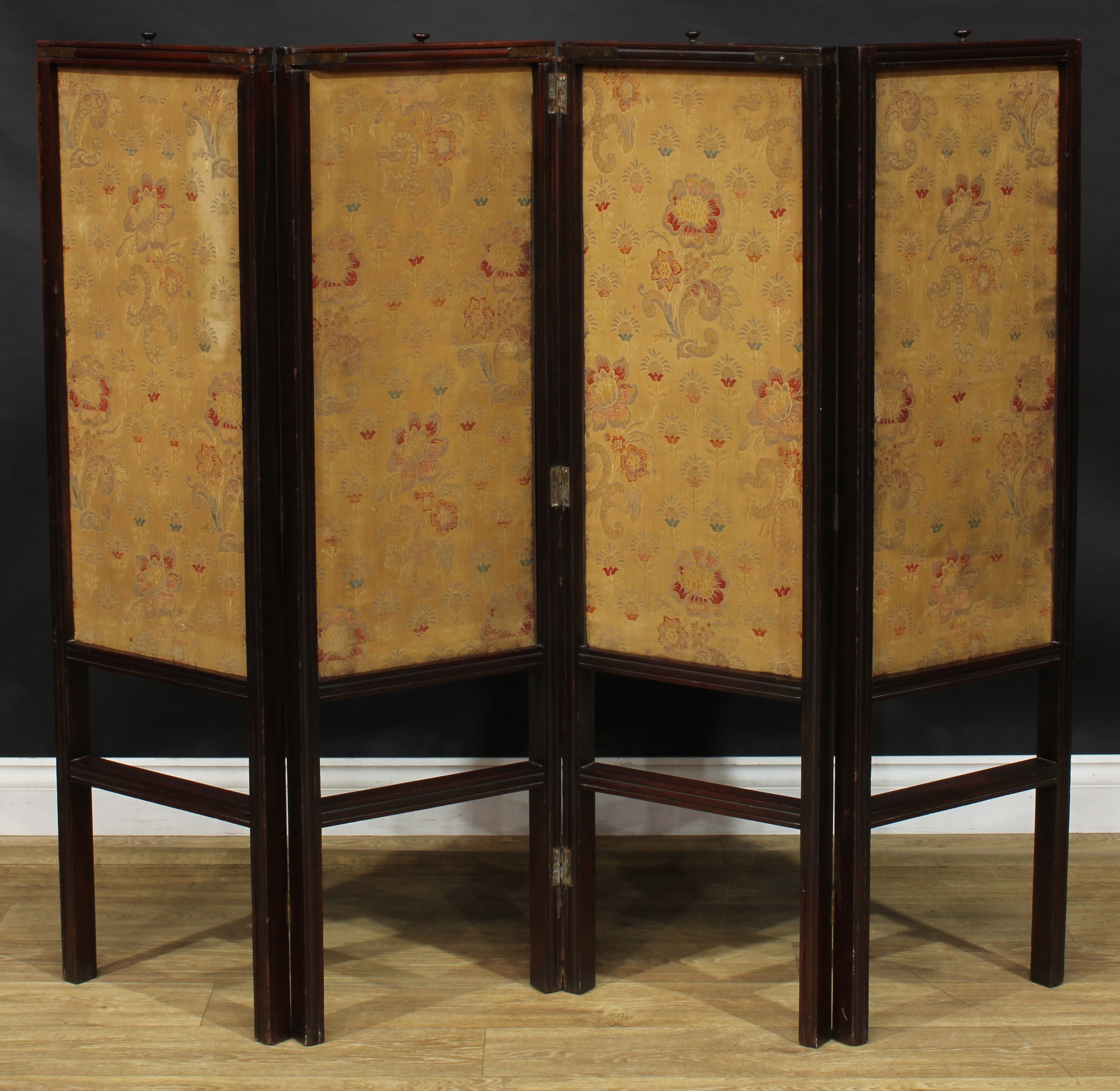 A 19th century mahogany four-fold screen, pull-up banners, 124cm high, each panel 38cm wide