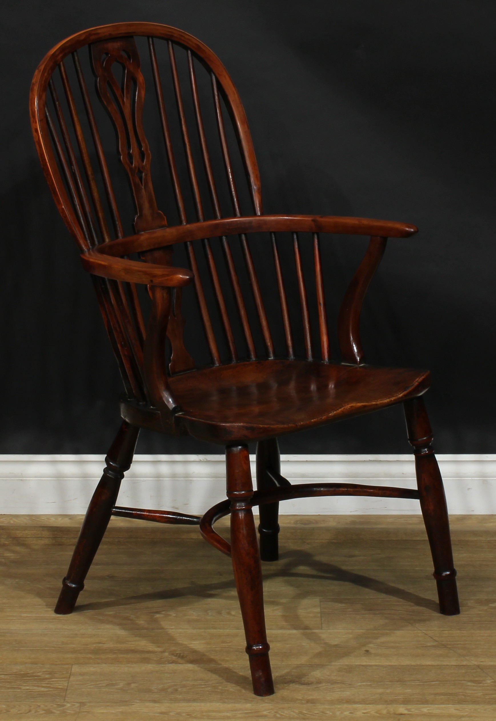 A 19th century yew and beech Windsor elbow chair, hoop back, shaped and pierced splat, one-piece - Image 2 of 4