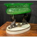 A 19th century dark patinated bronze, carara marble and green glass table centrepiece, the oval