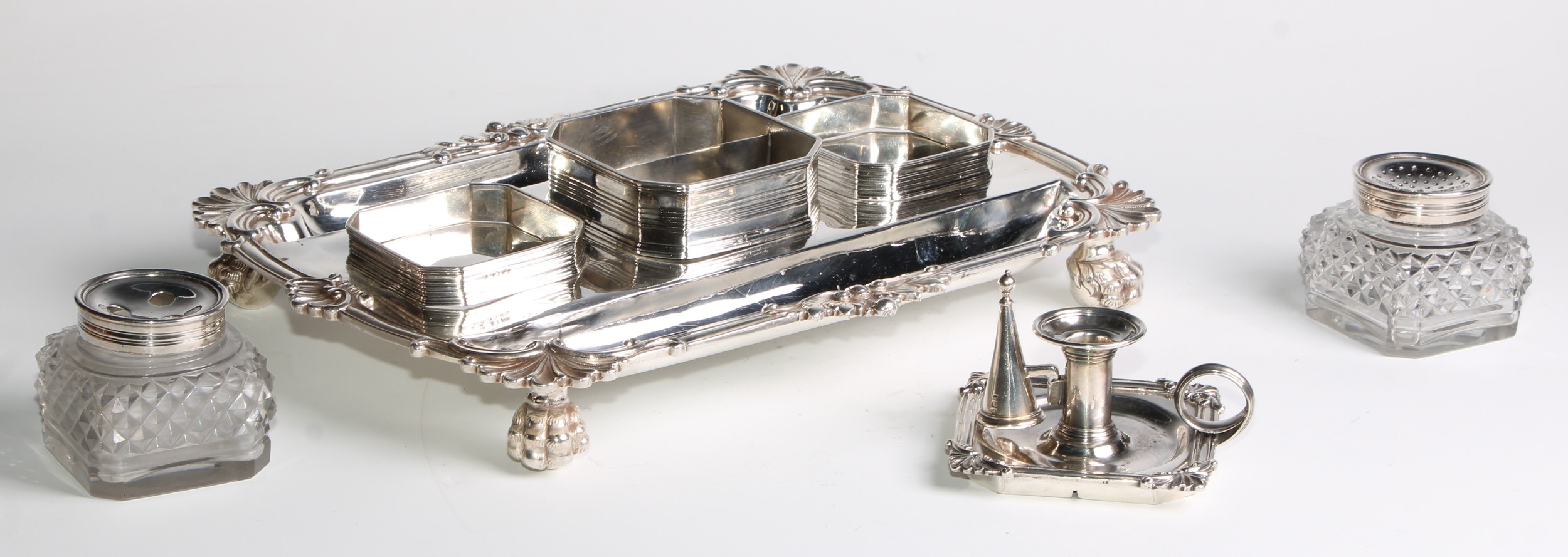 A George III silver shaped rectangular partners' inkstand, central wafer box enclosed by a - Image 5 of 6