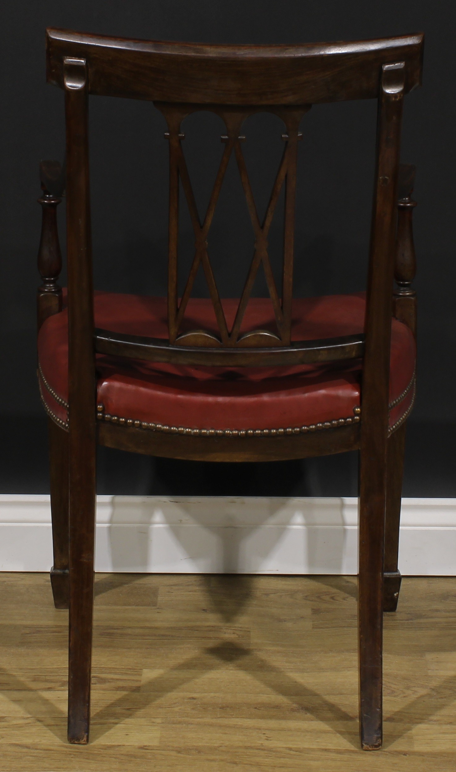 A pair of Sheraton Revival mahogany and marquetry elbow chairs, each cresting rail inlaid with an - Image 9 of 9