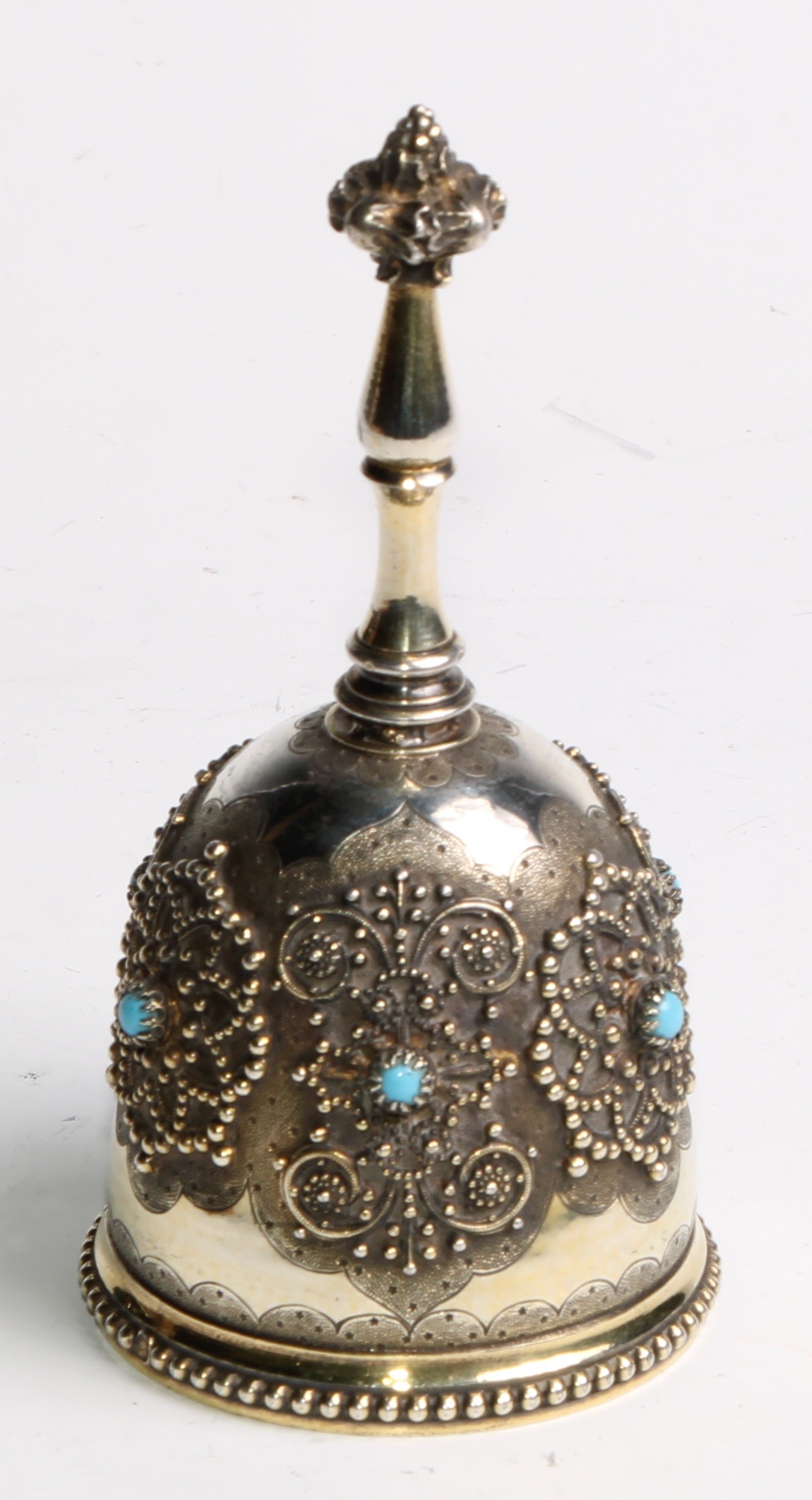 A 19th century French Renaissance Revival silver-gilt table bell, applied with medallions and set - Image 3 of 4