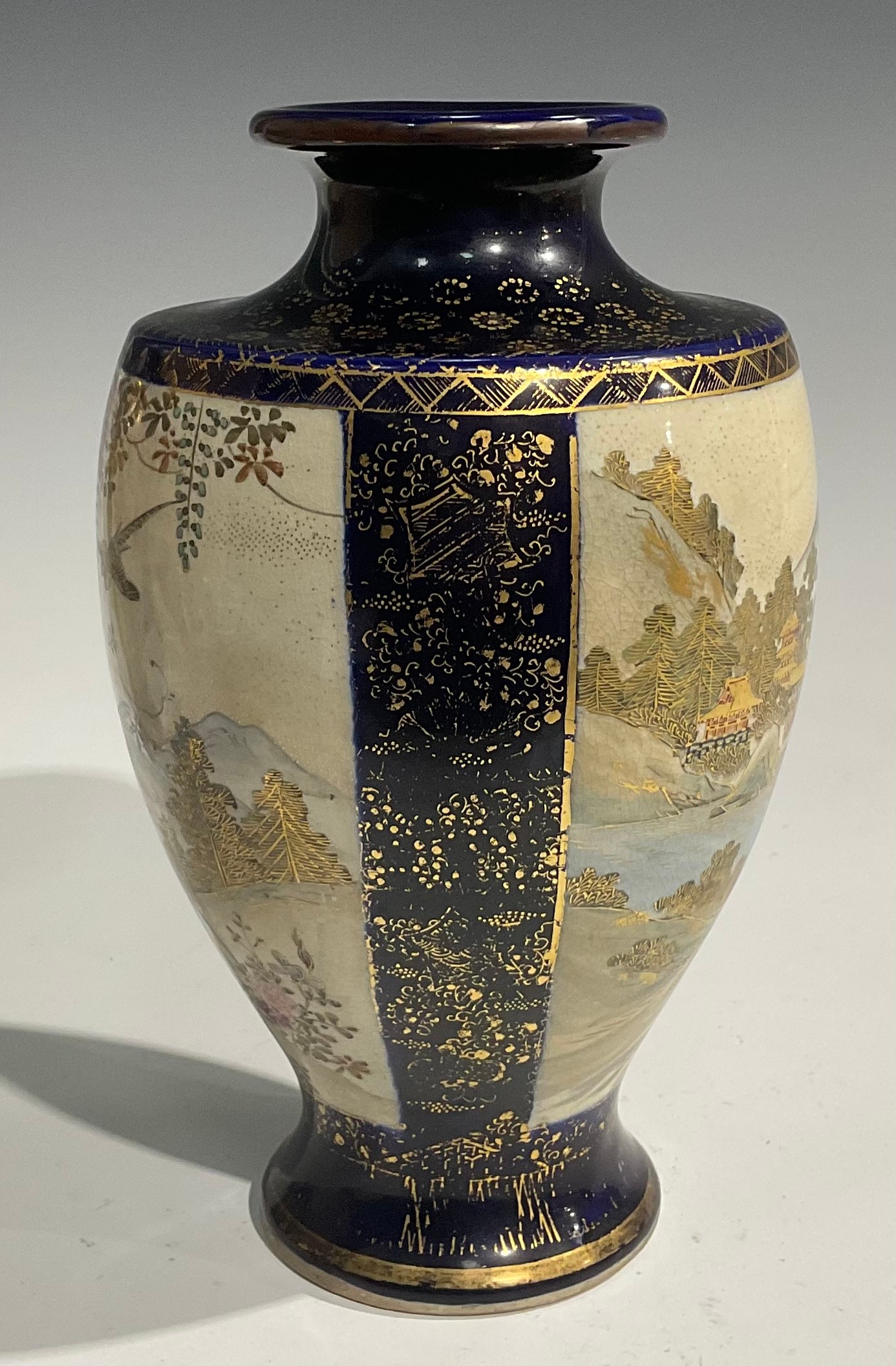 A pair of Japanese satsuma baluster vases, decorated with traditional landscape and bird panels, - Image 8 of 12