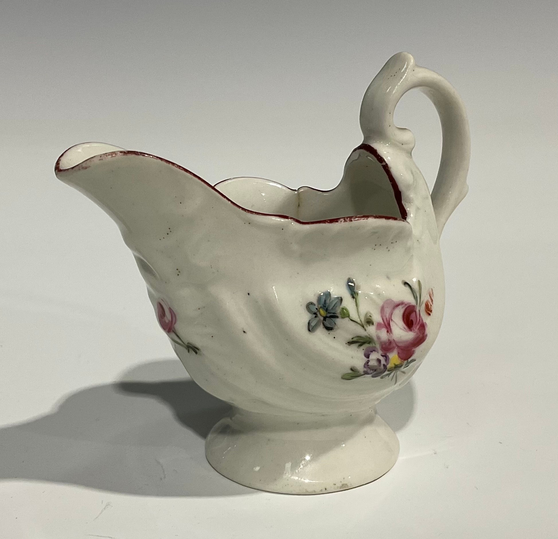 A Derby dolphin ewer cream jug, in relief with shell moulding, painted in polychrome with flowers - Image 6 of 6