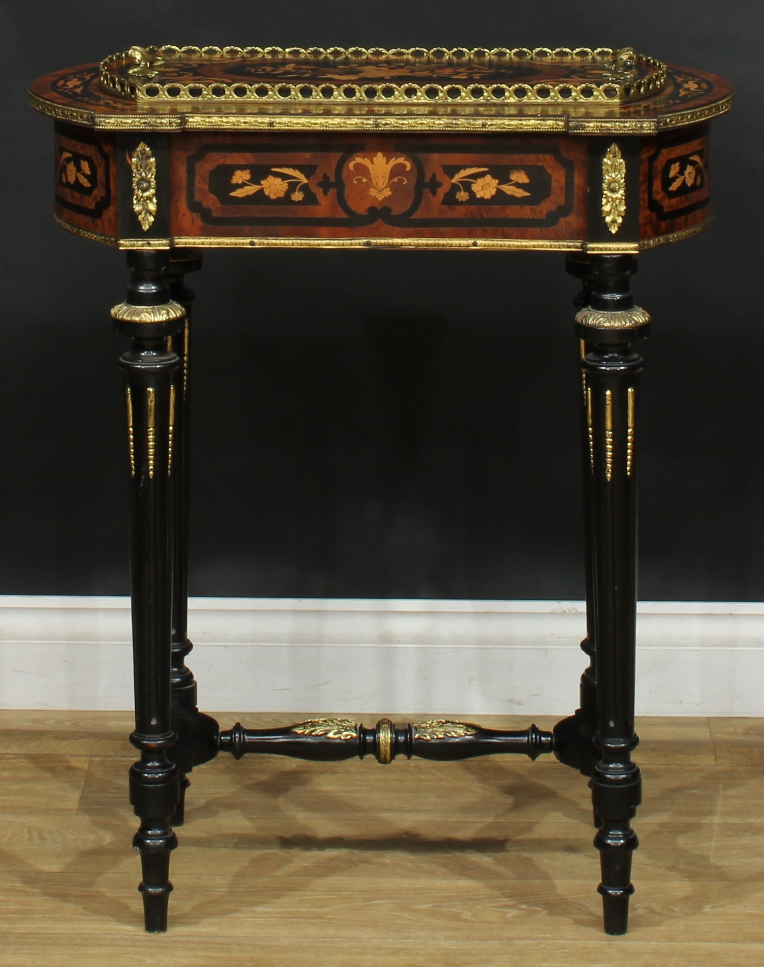 A 19th century gilt metal mounted amboyna, ebonised and marquetry jardiniere table, removable - Image 4 of 6