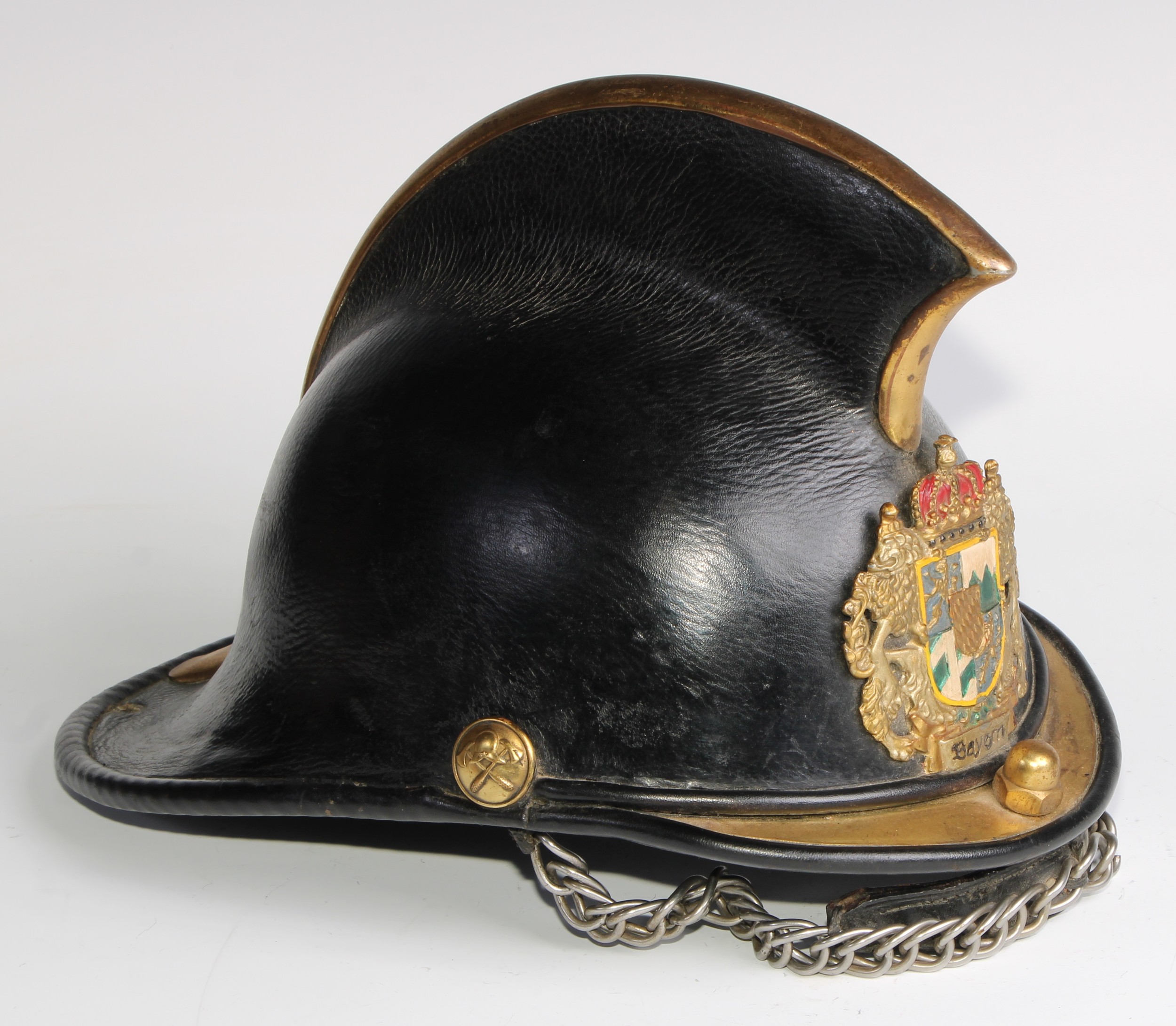 Fire Brigade History - a leather and brass fireman's helmet, applied with the German arms of Bayern, - Image 3 of 5