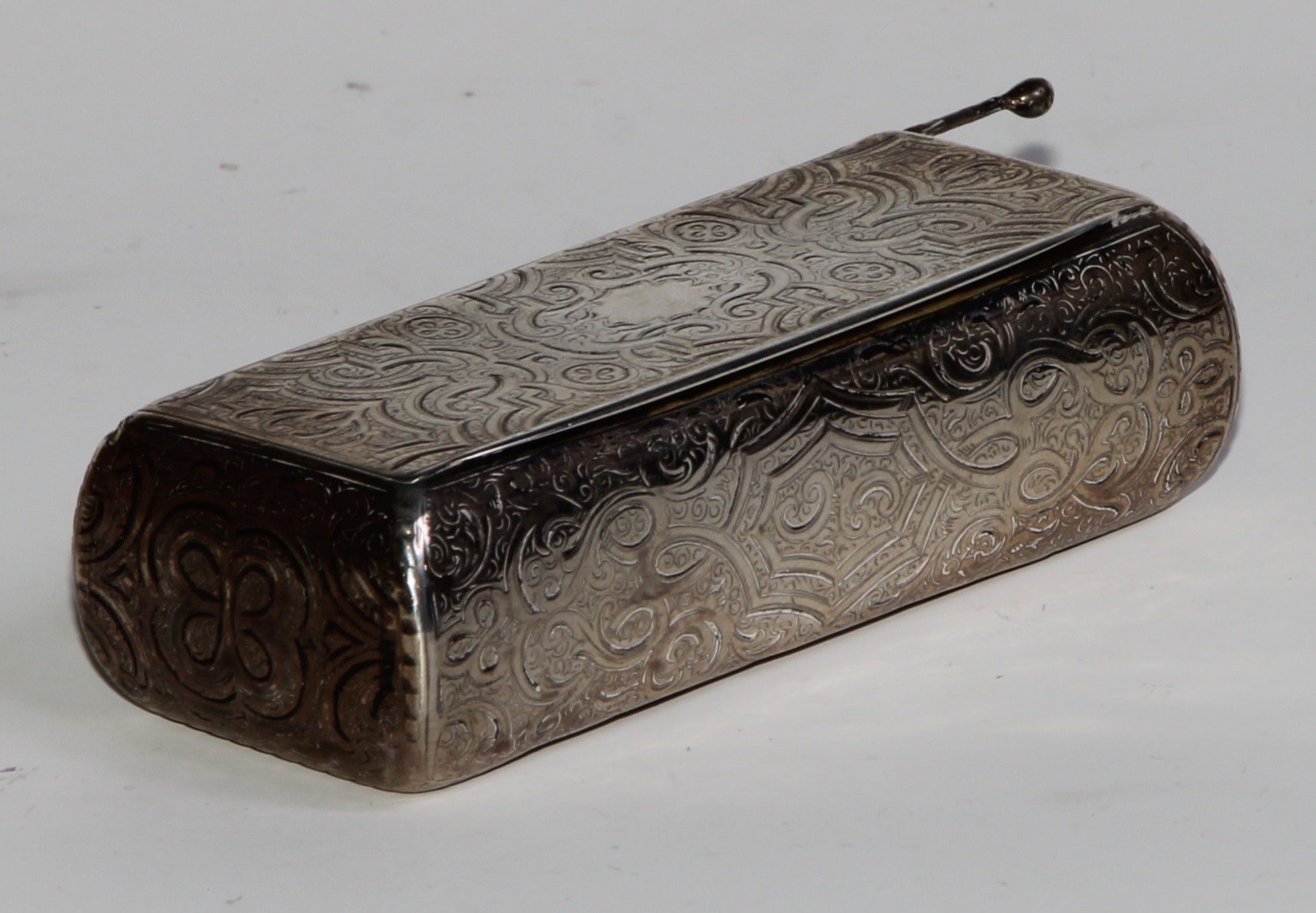 A 19th century French bowed rectangular snuff box, engraved and chased overall with strap work and - Image 3 of 5