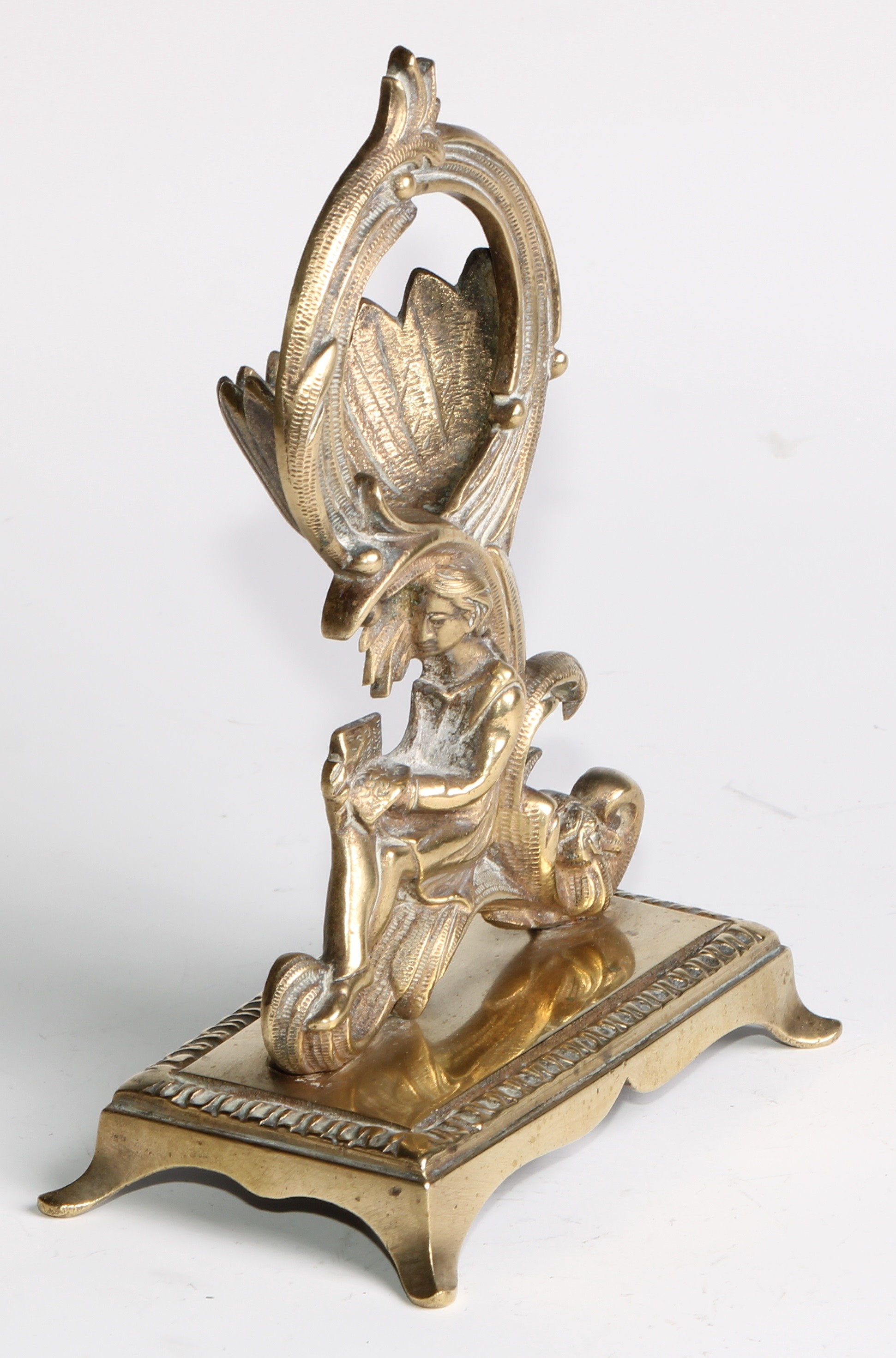 A 19th century brass pocket watch stand, cast in the Rococo taste with a figure reading, 17cm - Image 3 of 5