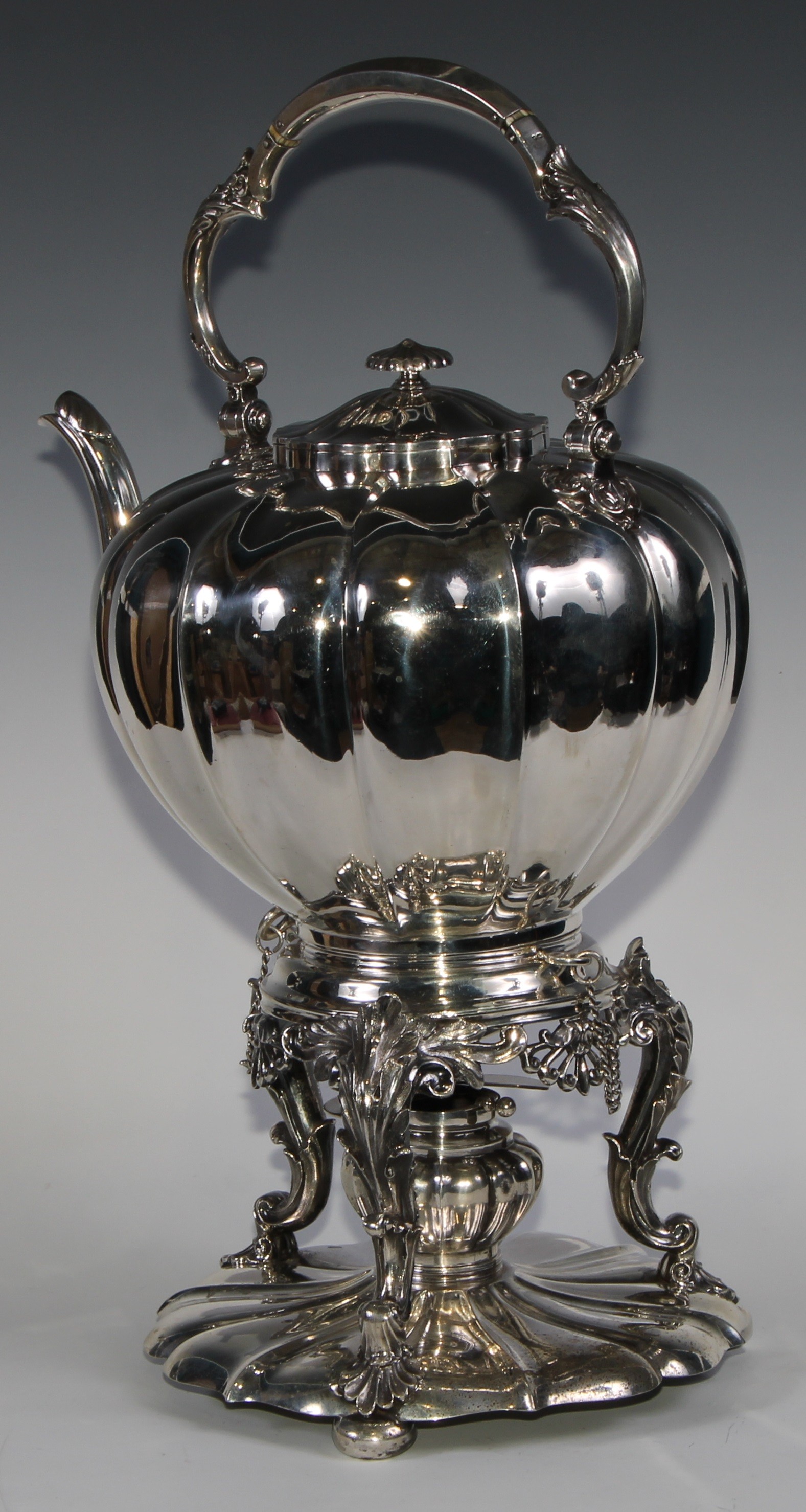 A large early Victorian Rococo Revival silver melon shaped tea kettle, stand and burner, swing - Image 5 of 8