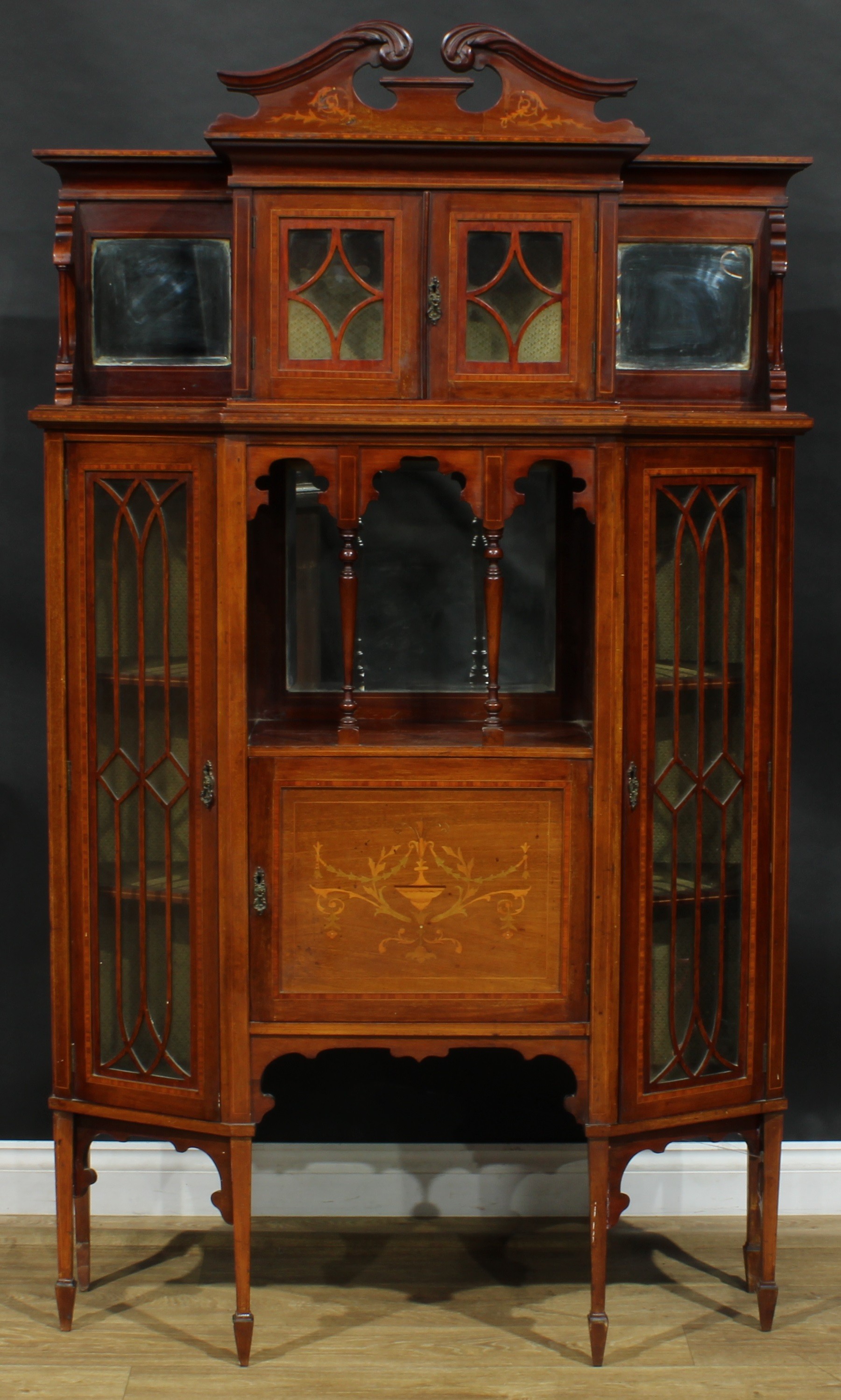 An Edwardian satinwood crossbanded mahogany and marquetry display cabinet, shaped superstructure - Image 2 of 5