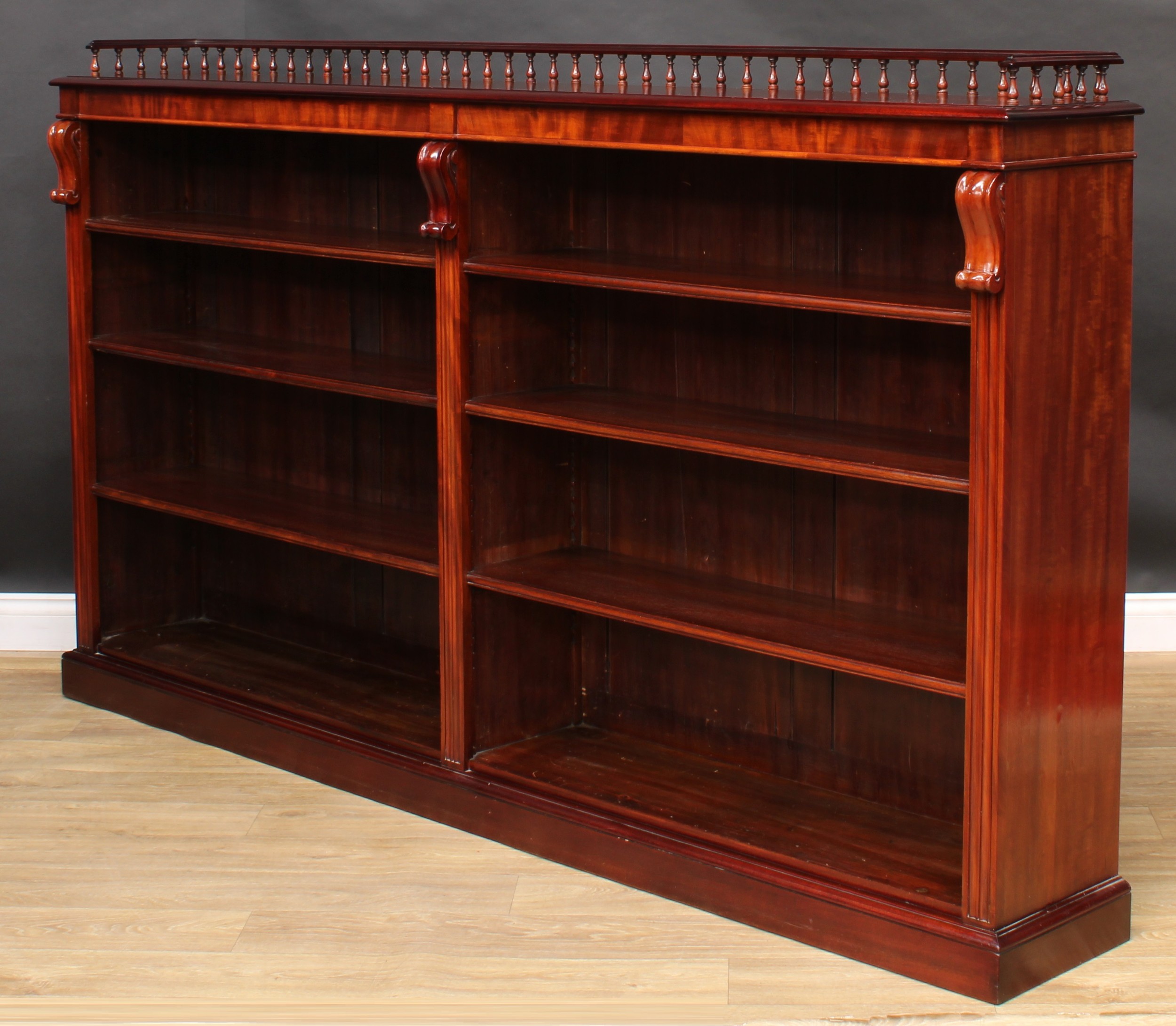 A Victorian mahogany low library bookcase, three quarter balustrade gallery above six adjustable - Image 4 of 5