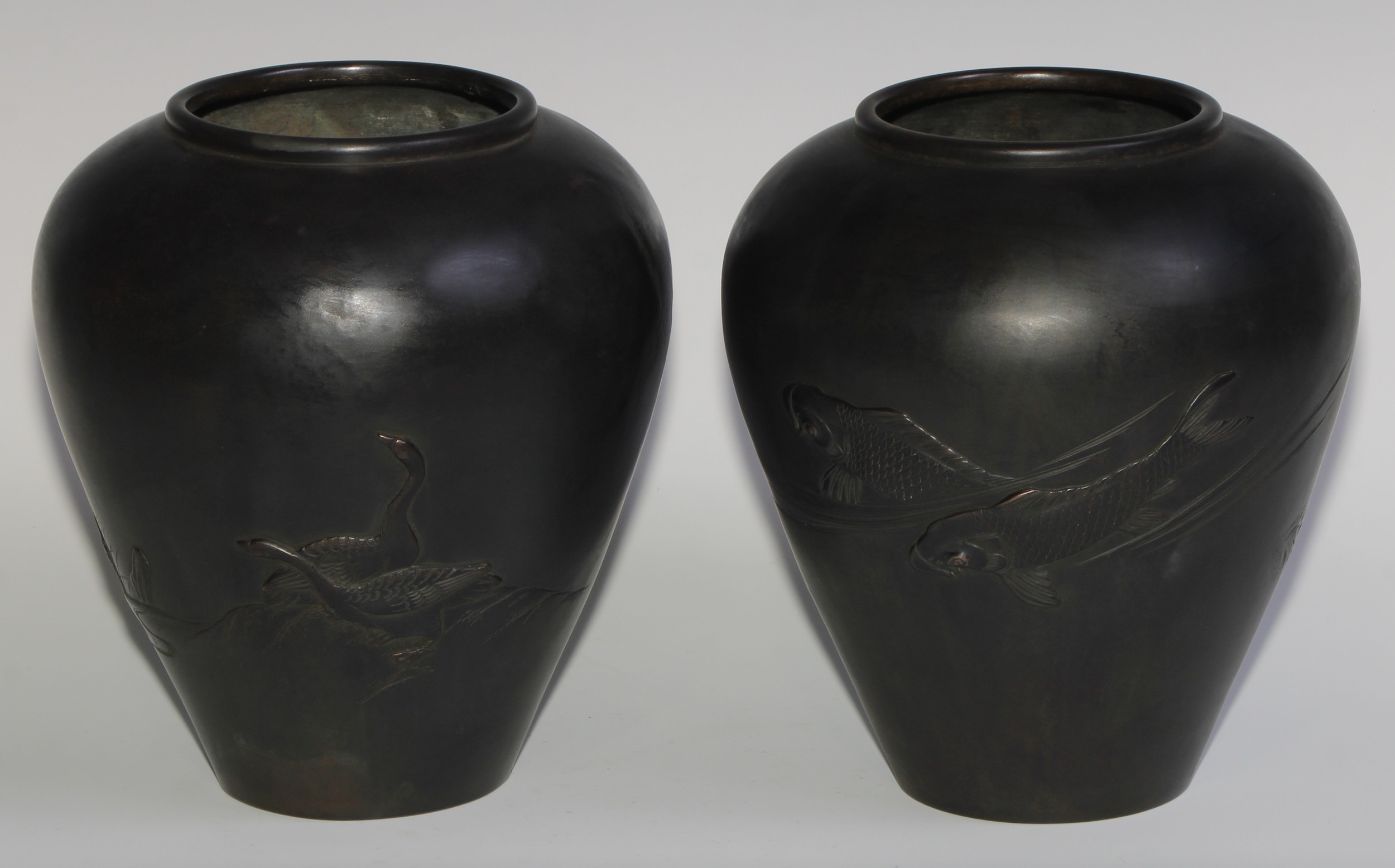 A pair of Japanese dark patinated bronze ovoid vases, cast with carp and geese, 21cm high, signed, - Image 2 of 10