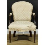 A 19th century French Hepplewhite design mahogany elbow chair, stuffed-over upholstery, tapered