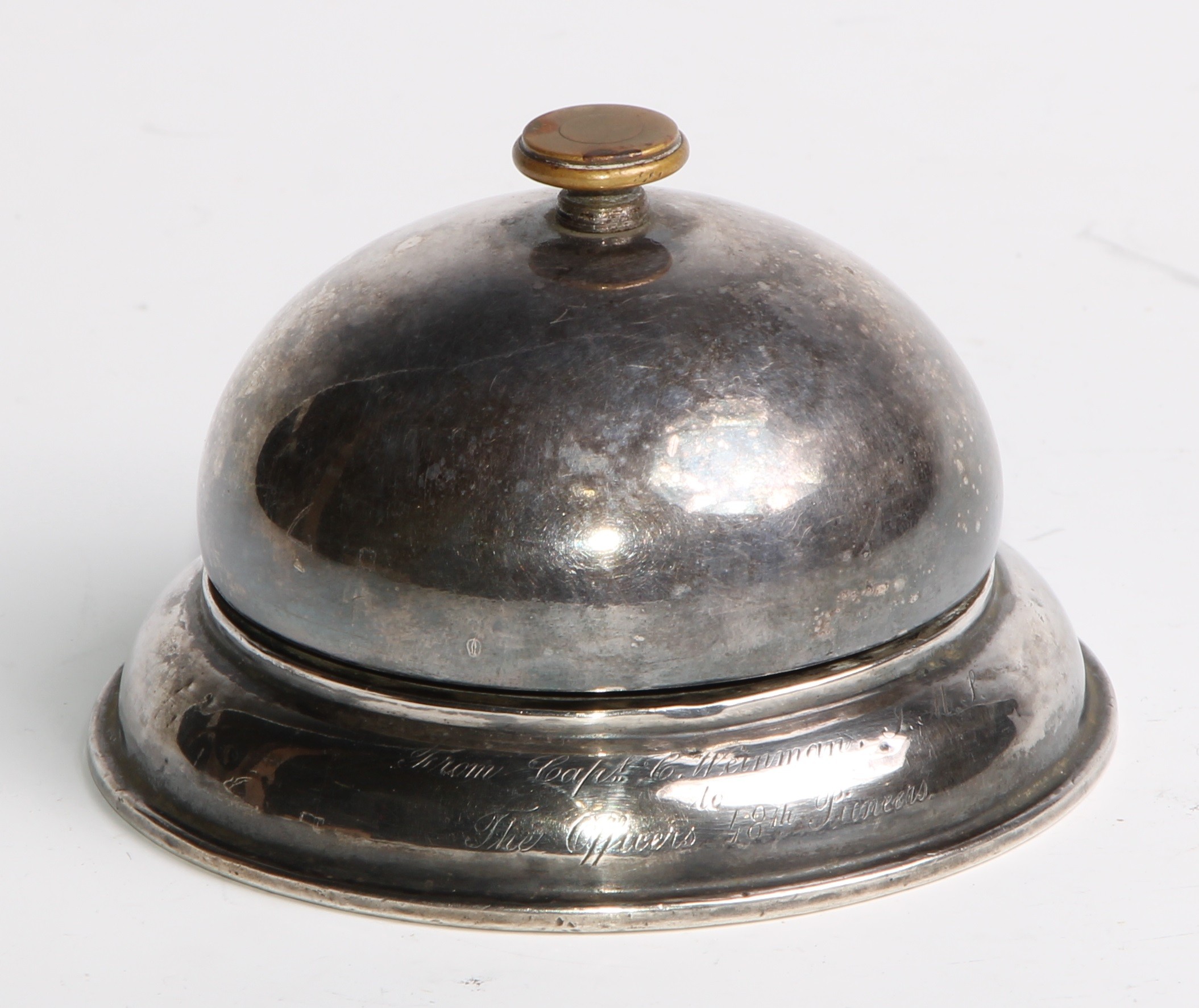 An Edwardian silver desk or counter bell, of military interest, inscribed From Capt. C Weinman to - Image 2 of 4