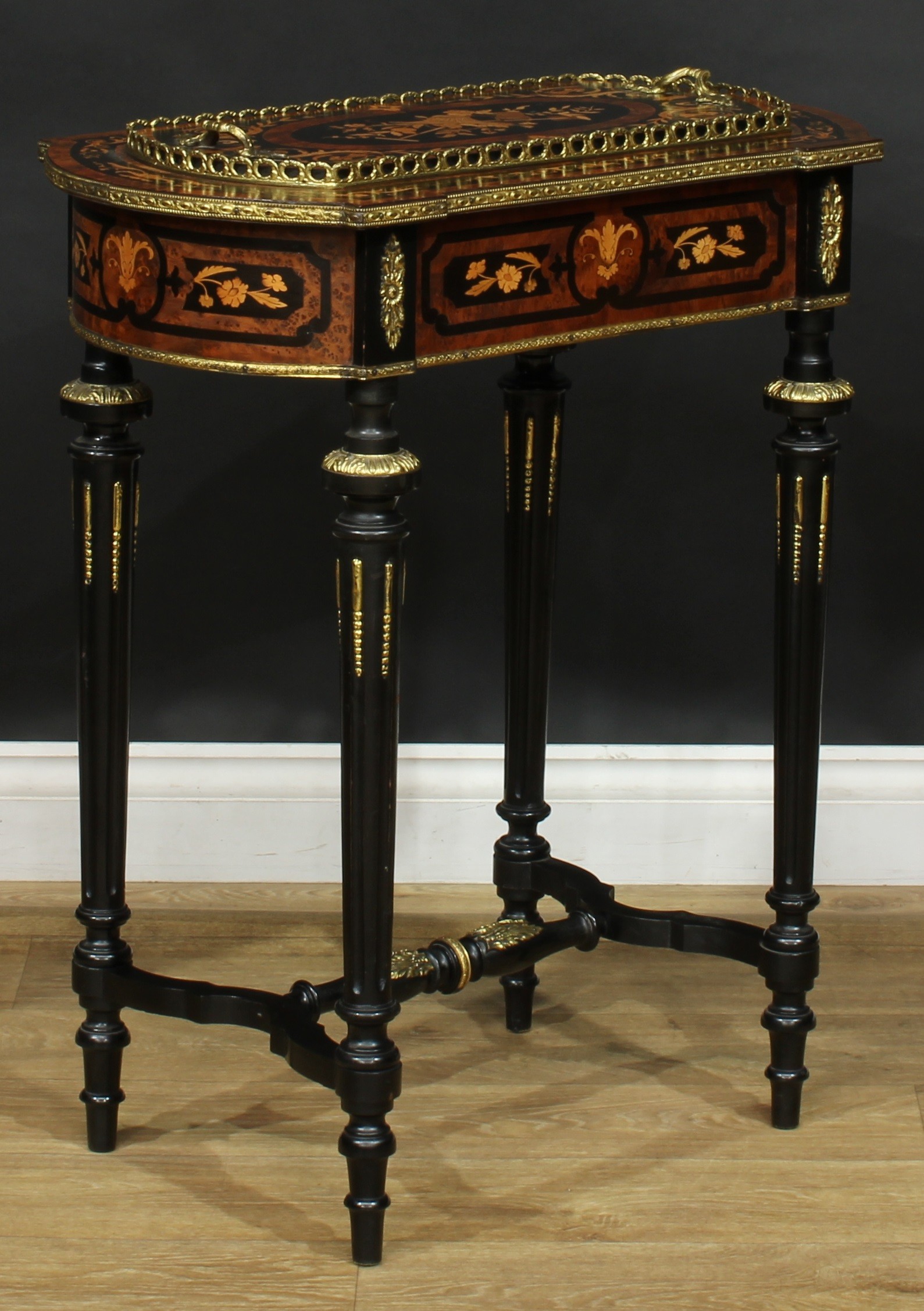 A 19th century gilt metal mounted amboyna, ebonised and marquetry jardiniere table, removable - Image 2 of 6