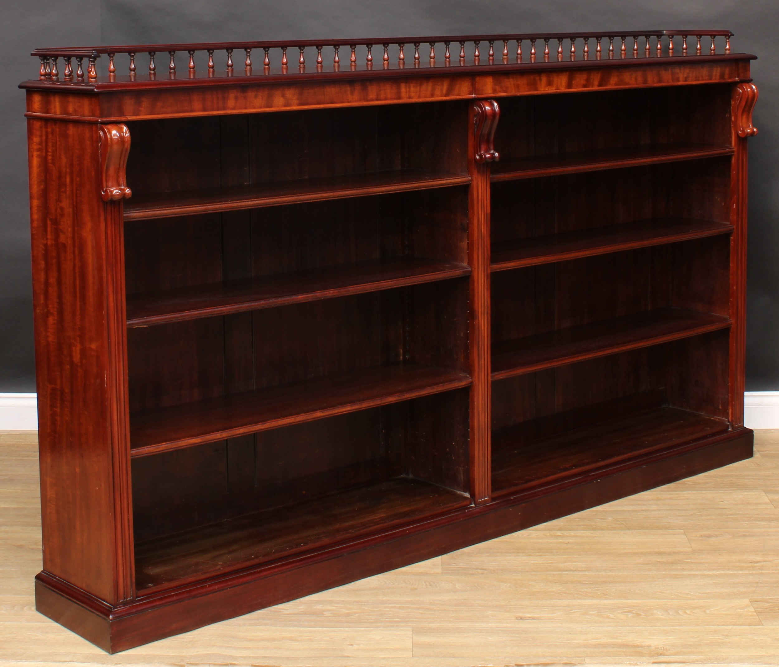 A Victorian mahogany low library bookcase, three quarter balustrade gallery above six adjustable - Image 3 of 5