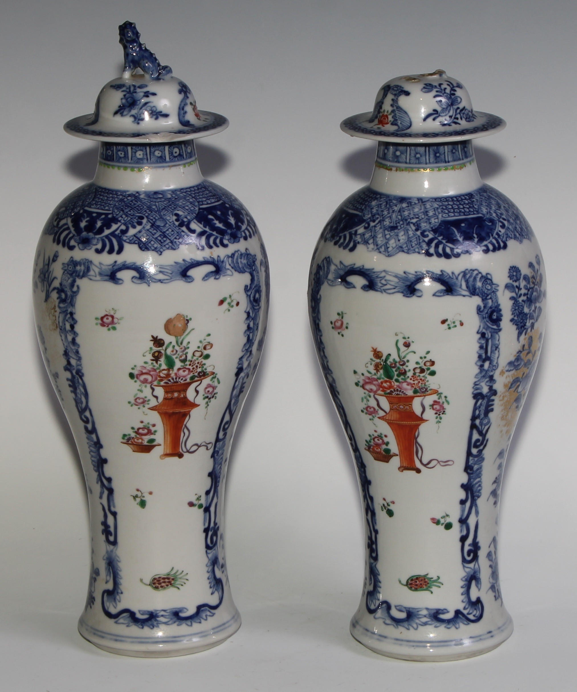 A pair of Chinese baluster vases and covers, painted in the Mandarin palette with vases of flowers - Image 2 of 14