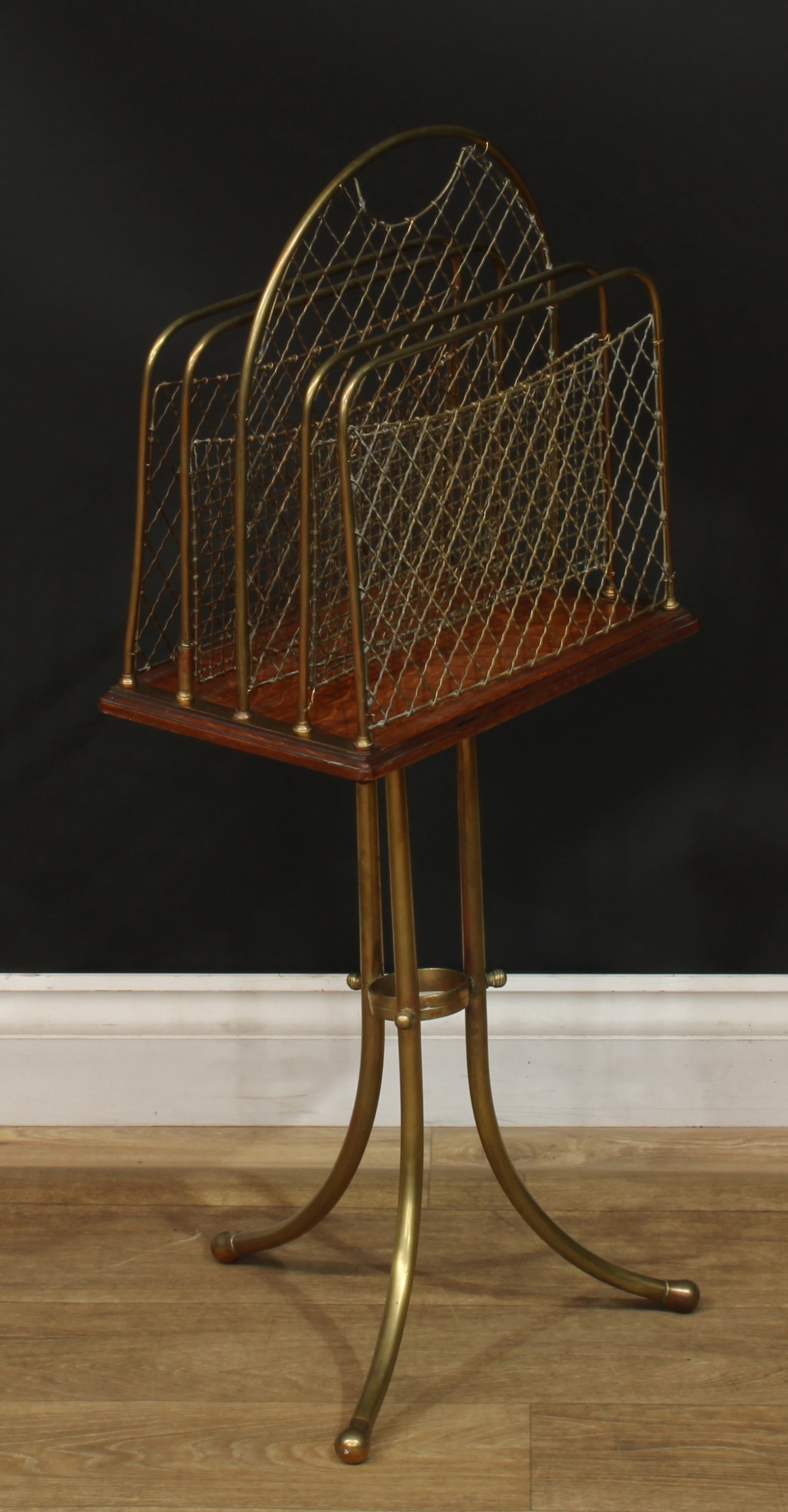 A late Victorian Hall patent brass and oak revolving Canterbury, 86cm high, 37.5cm wide, 23cm - Image 2 of 5