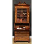 A 19th century mahogany and marquetry bureau bookcase, swan neck pediment above an astragal glazed
