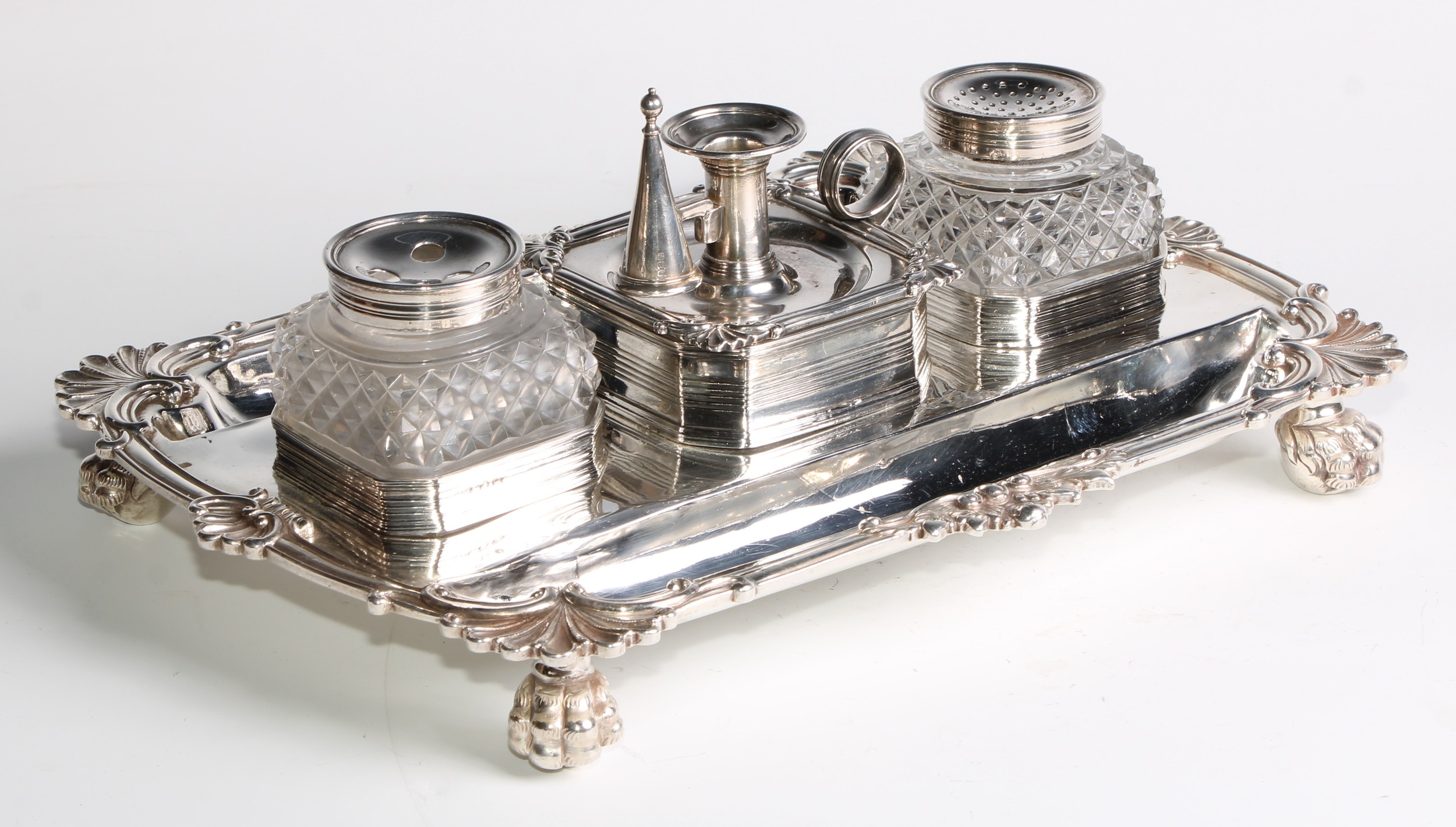 A George III silver shaped rectangular partners' inkstand, central wafer box enclosed by a - Image 3 of 6