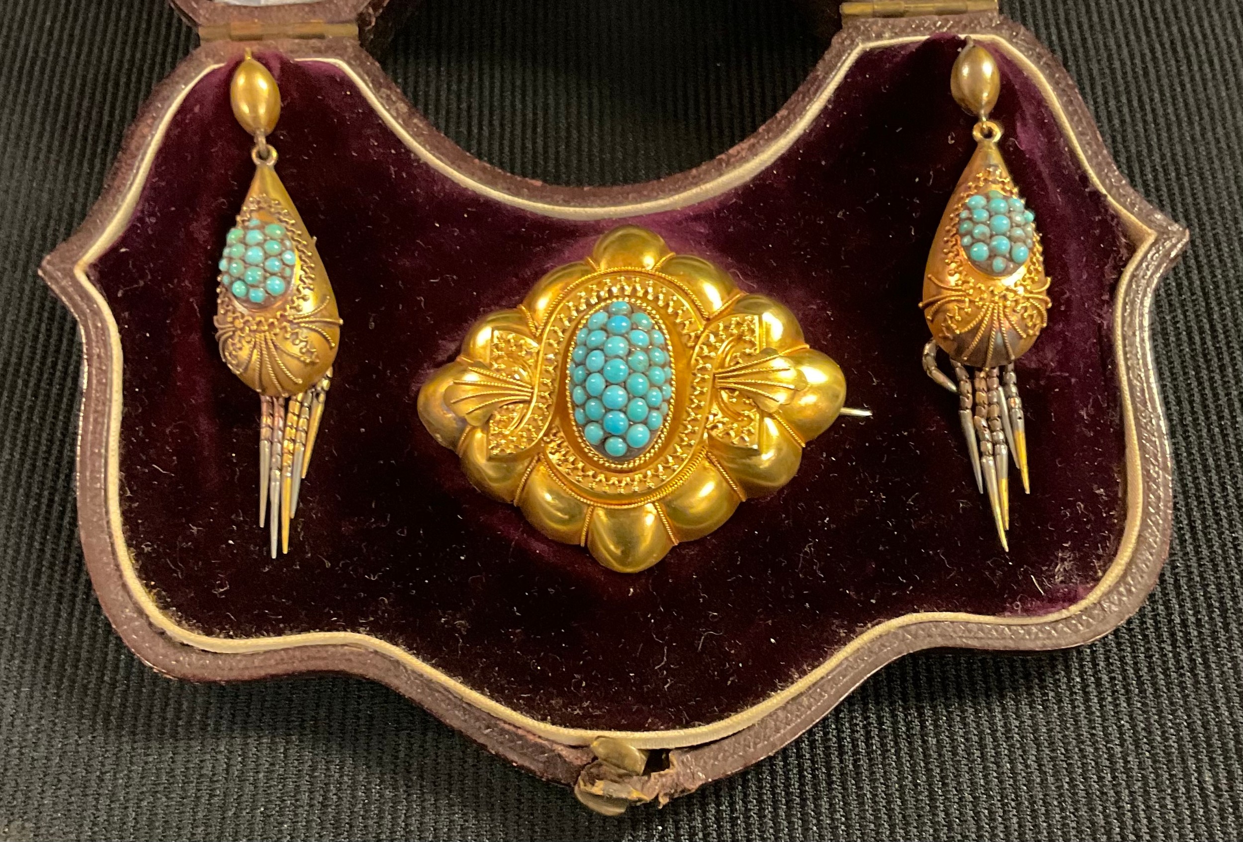 A Victorian turquoise brooch and earring suite, the oval brooch set with a cluster of circular - Image 2 of 2