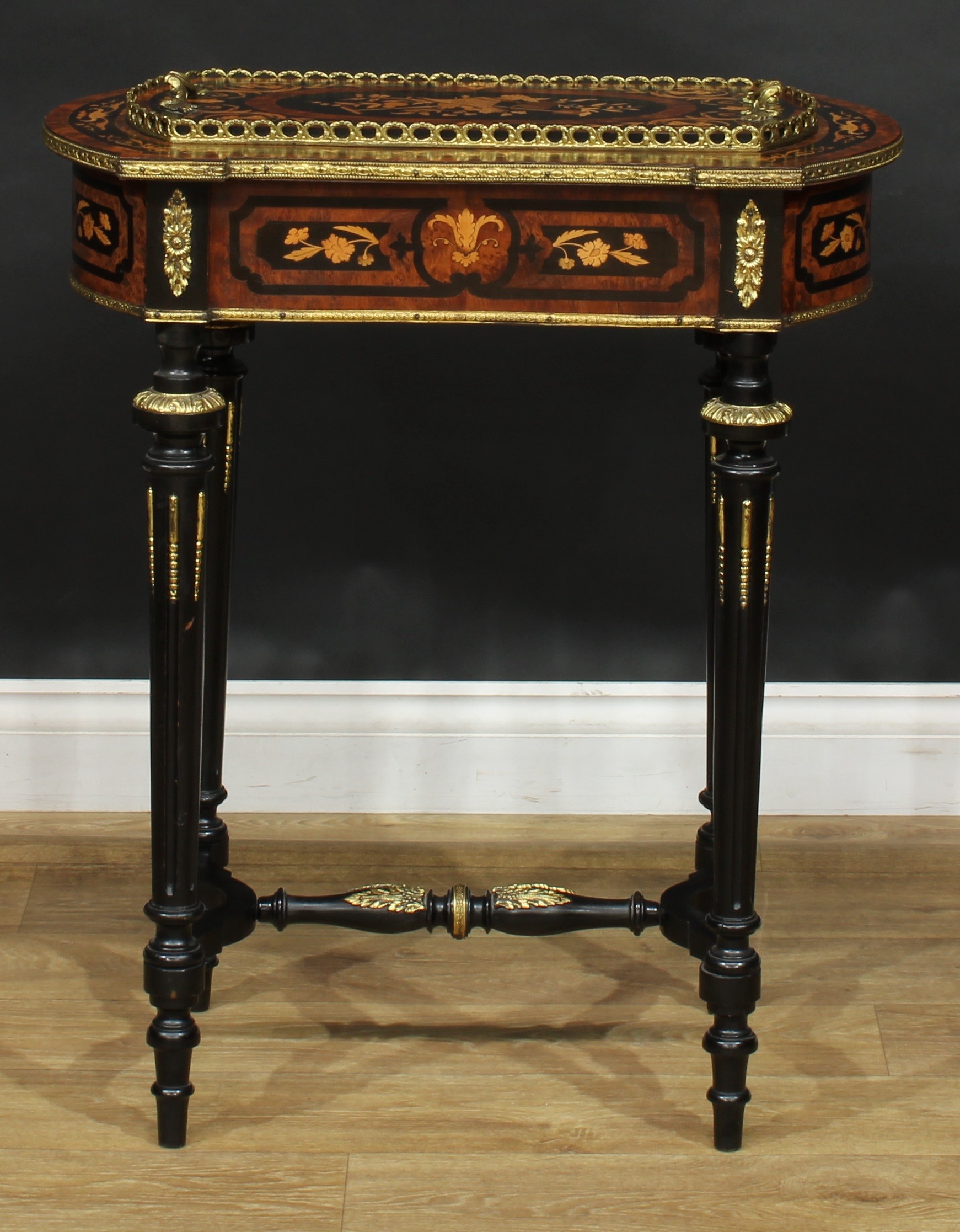 A 19th century gilt metal mounted amboyna, ebonised and marquetry jardiniere table, removable