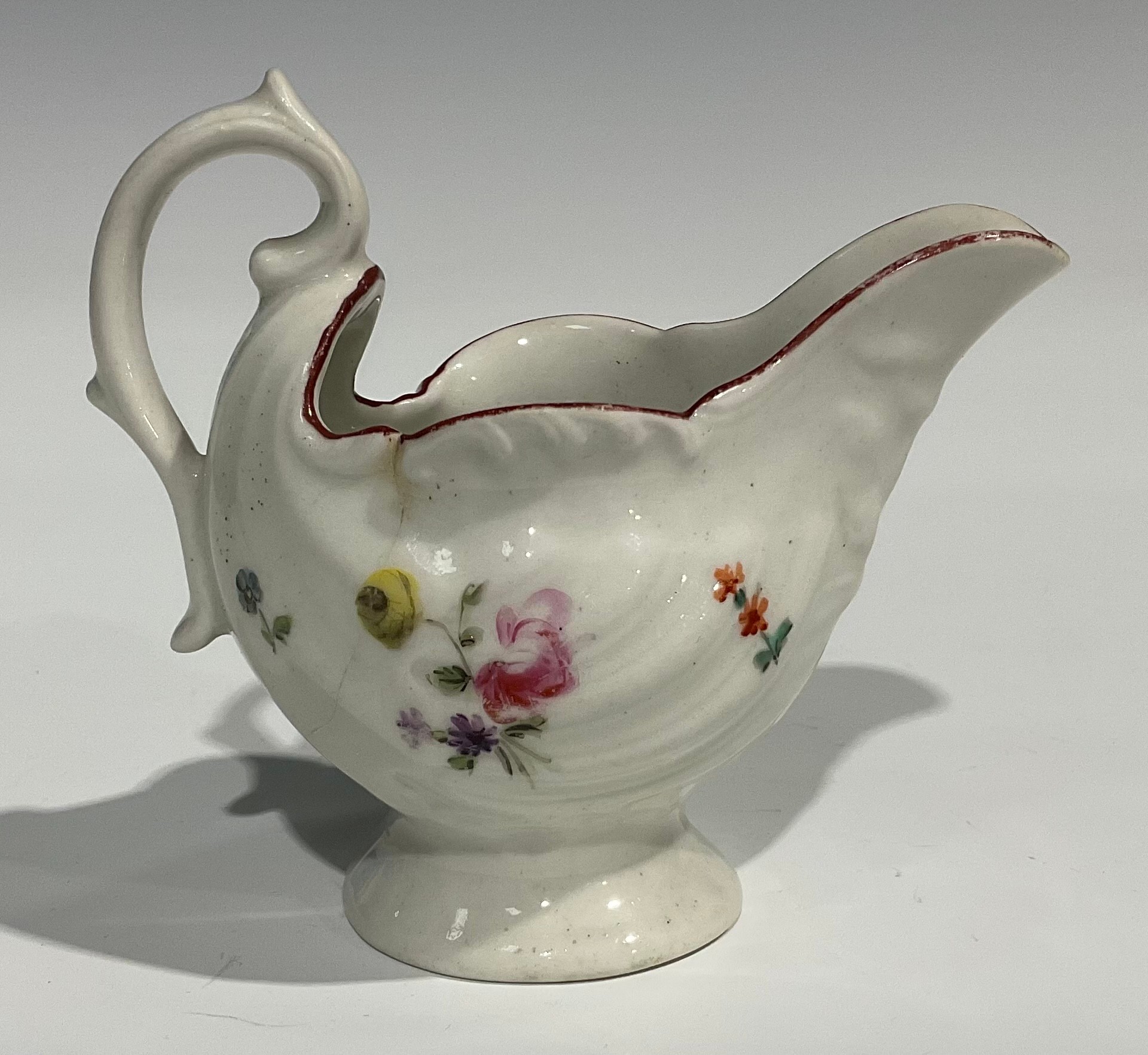 A Derby dolphin ewer cream jug, in relief with shell moulding, painted in polychrome with flowers - Image 3 of 6