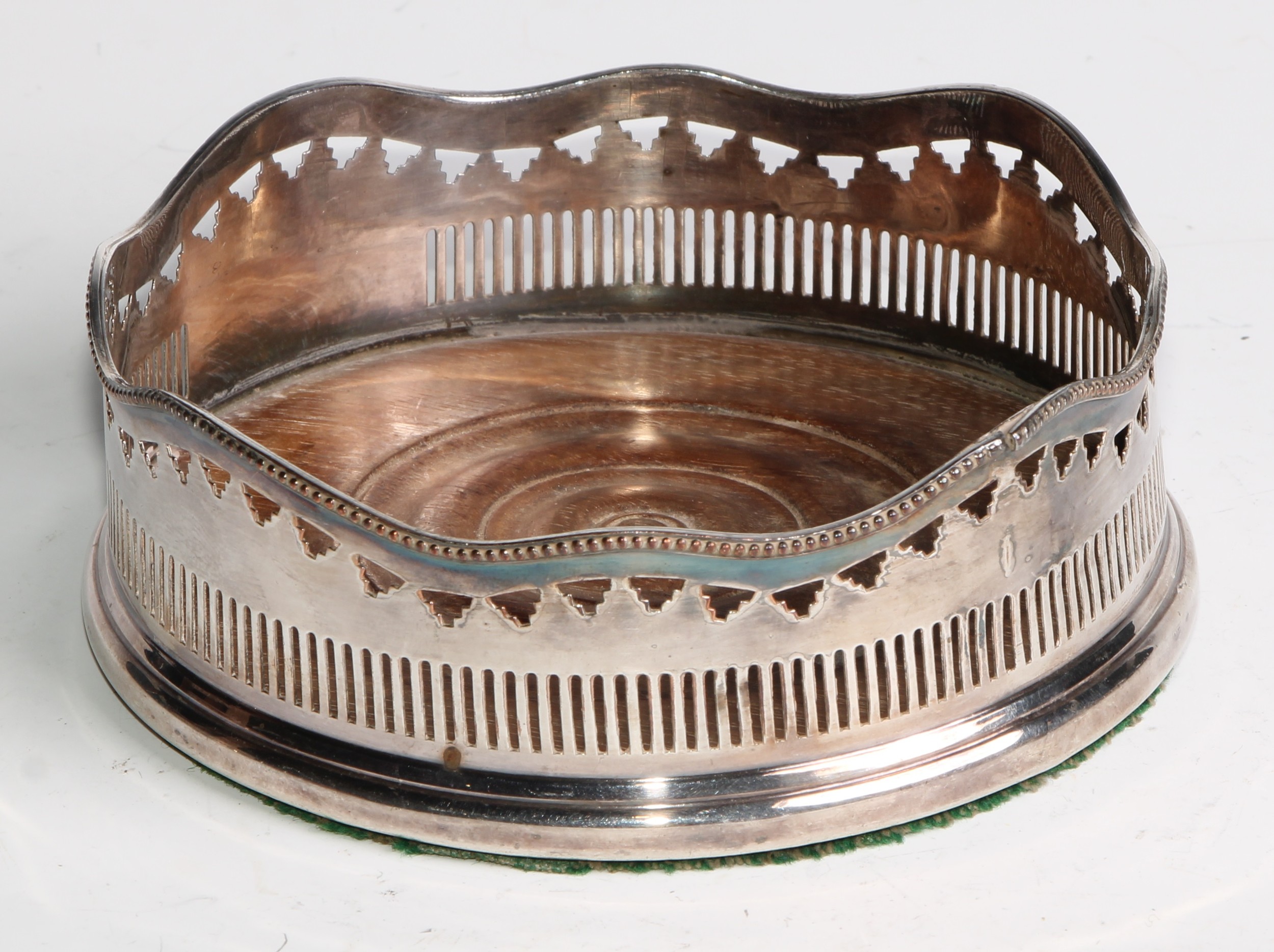 A George III Old Sheffield Plate wine coaster, deep gallery with reeded rim above a pierced band - Image 5 of 6