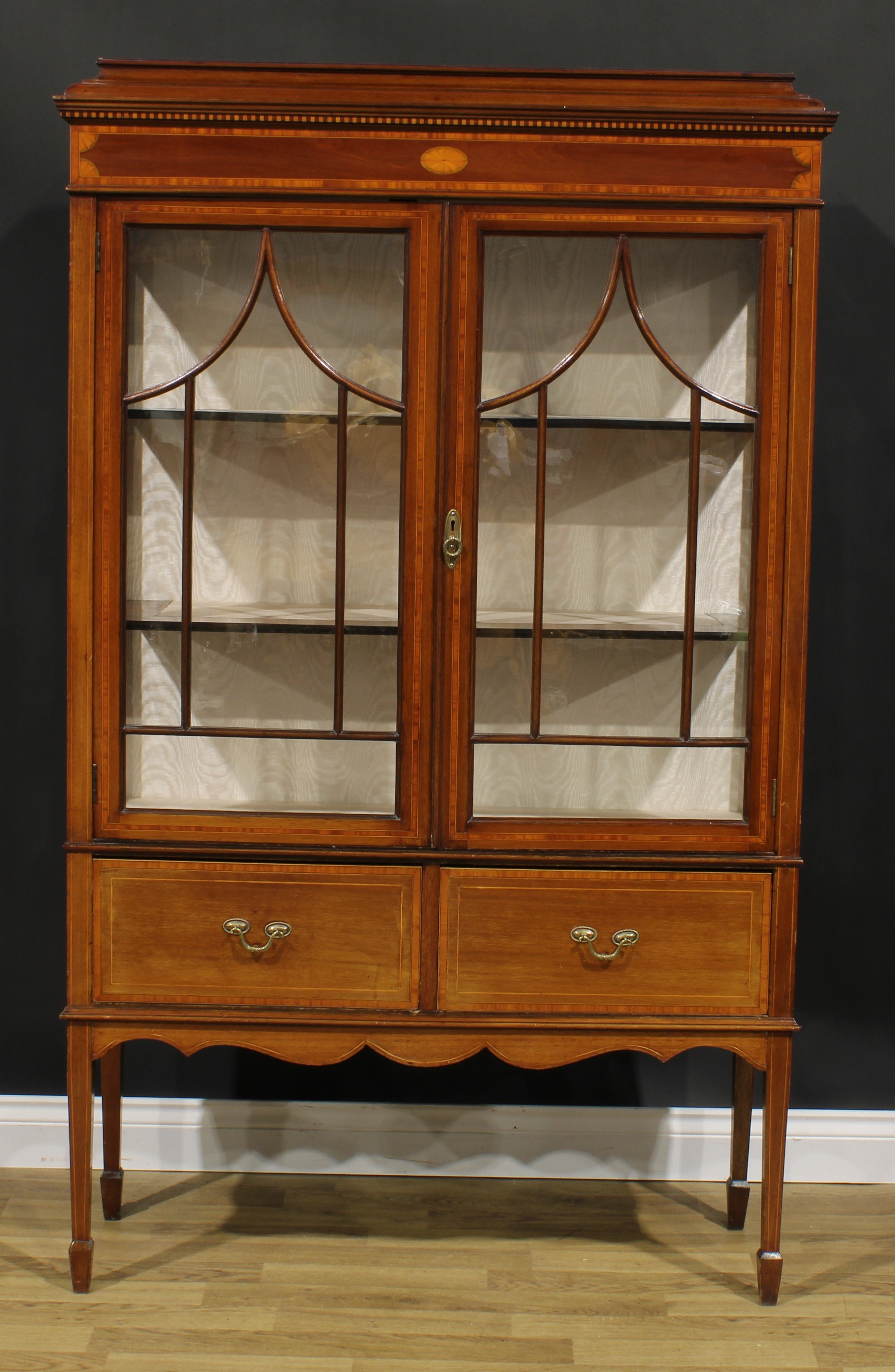 A Sheraton Revival satinwood crossbanded mahogany and marquetry display cabinet, moulded cornice - Image 2 of 6