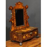 A 19th century Dutch marquetry dressing mirror, serpentine-front base with a long drawer, paw