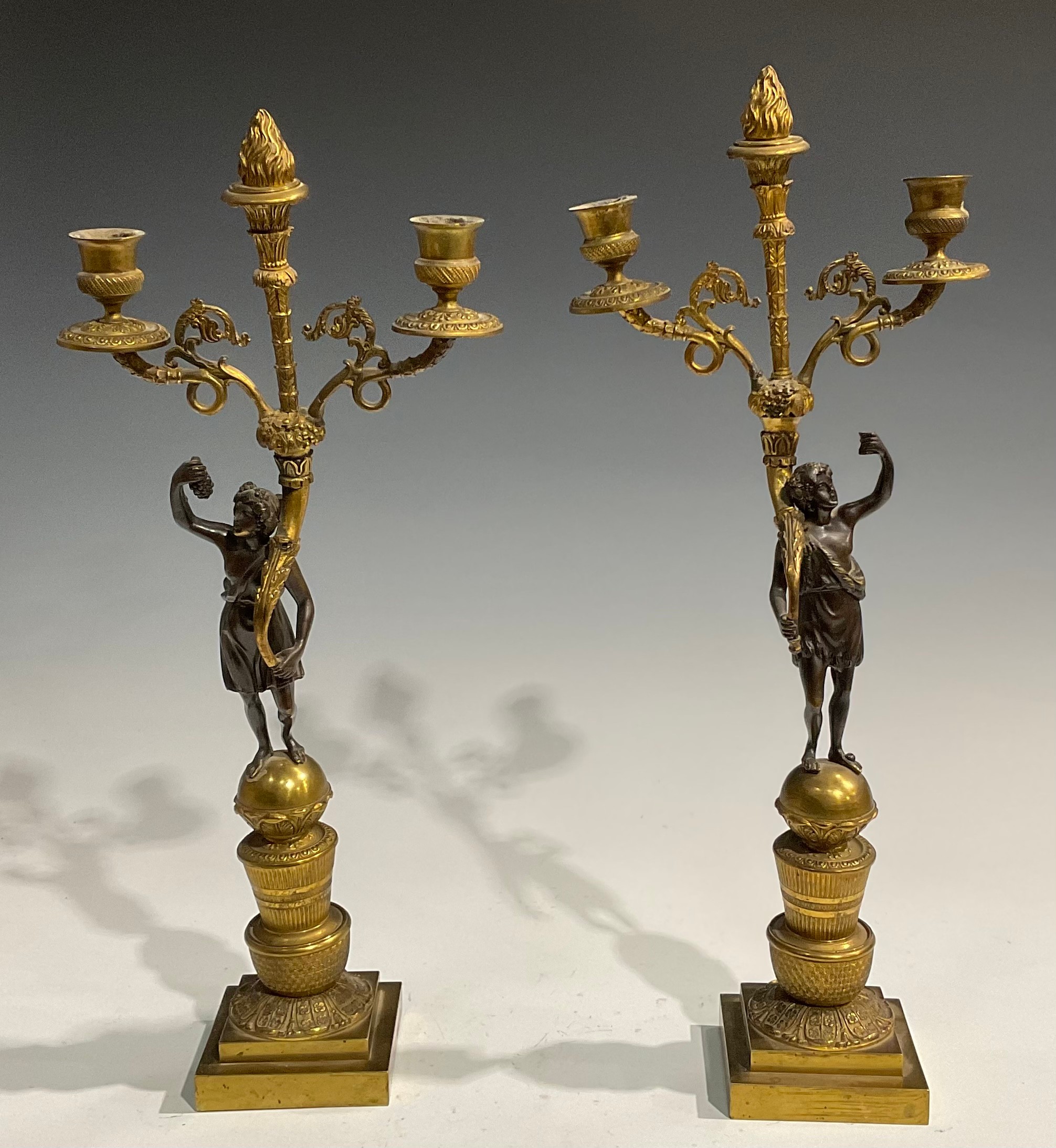 A pair of 19th century French bronze and ormolu figural two-light mantel candelabrum, each Bacchic - Image 2 of 8