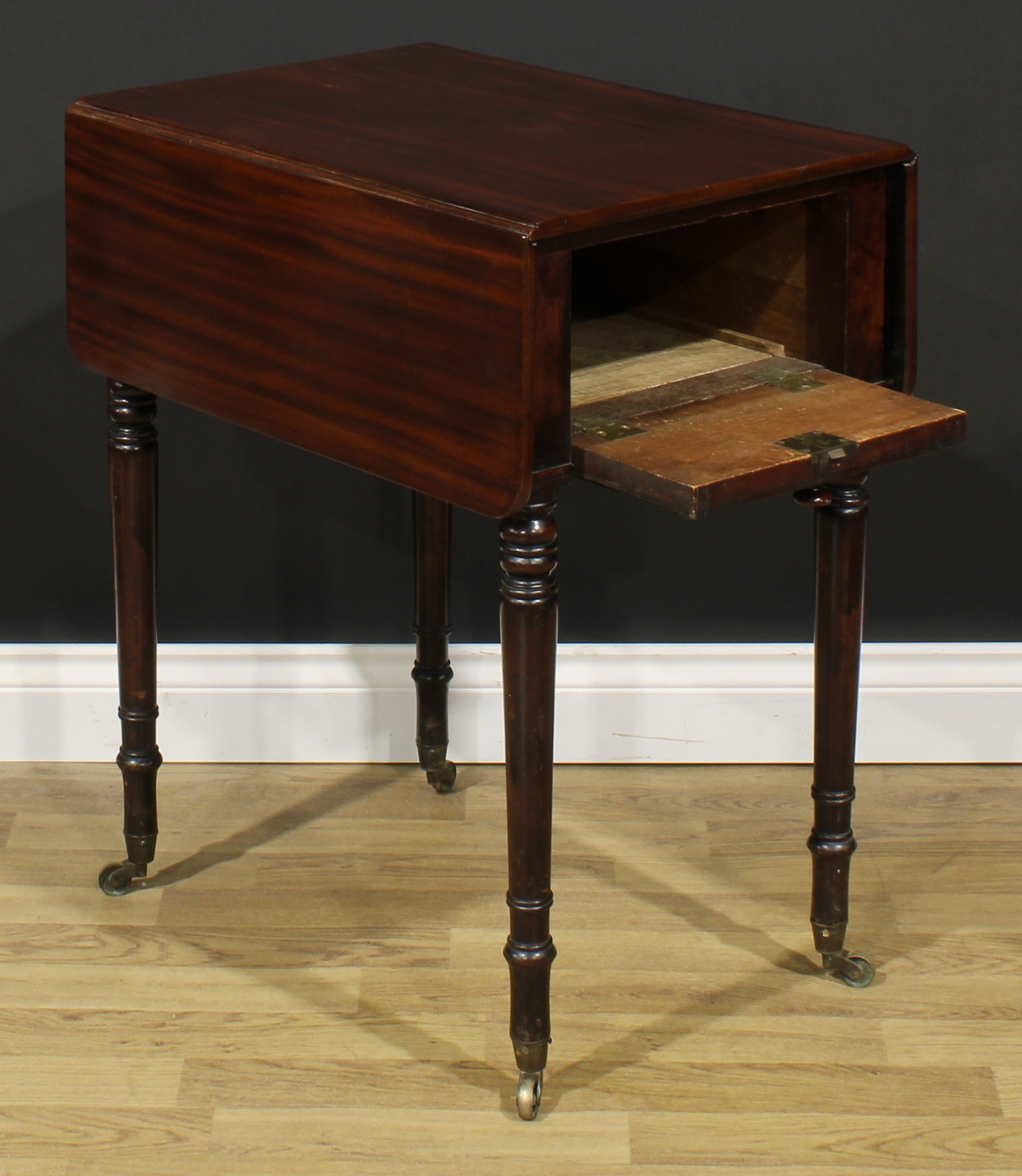 A George IV mahogany Pembroke occasional table, rounded rectangular top with fall leaves above a - Image 5 of 7