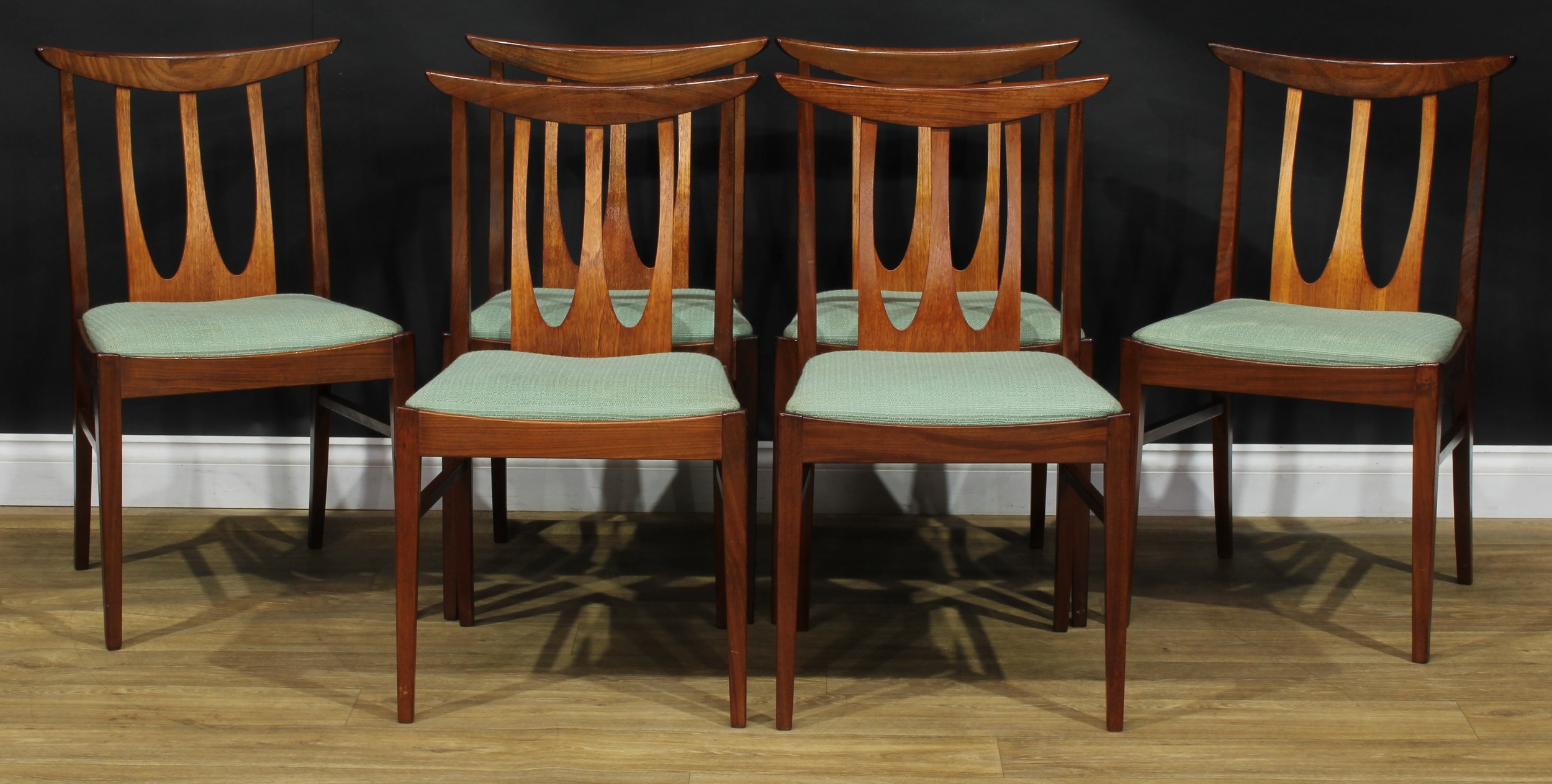 Mid-century Design - a set of six G Plan Brasilia afromosia and teak dining chairs, 82.5cm high,