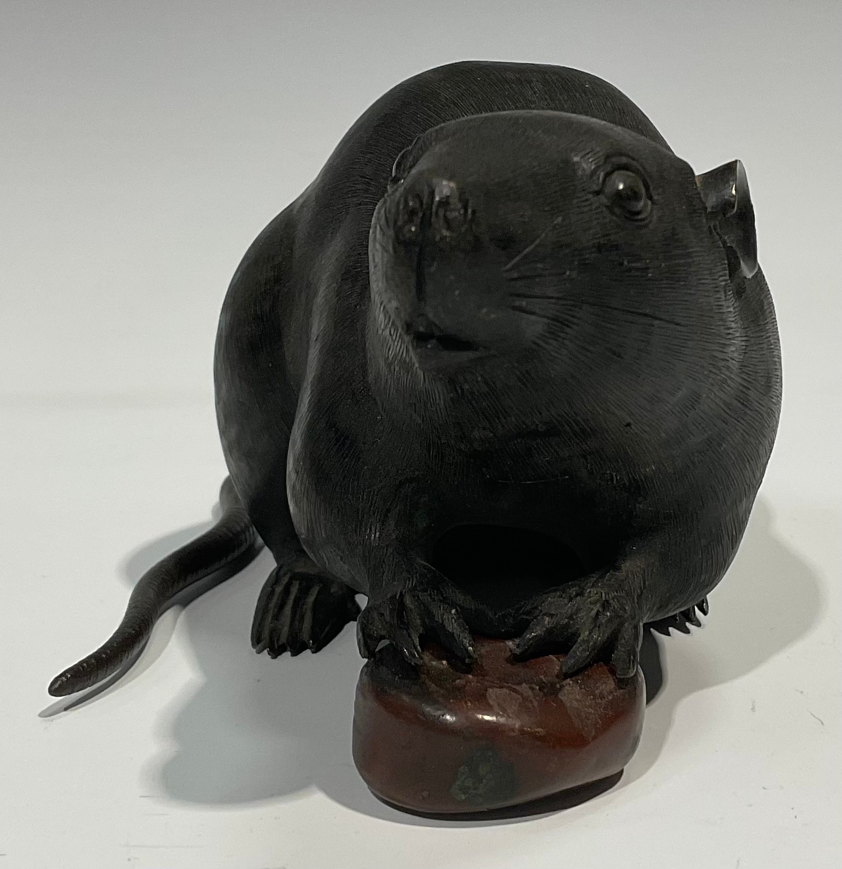 Japanese School (Meiji period), a dark and brown patinated bronze, of a rat holding a chestnut, 19cm - Image 6 of 6