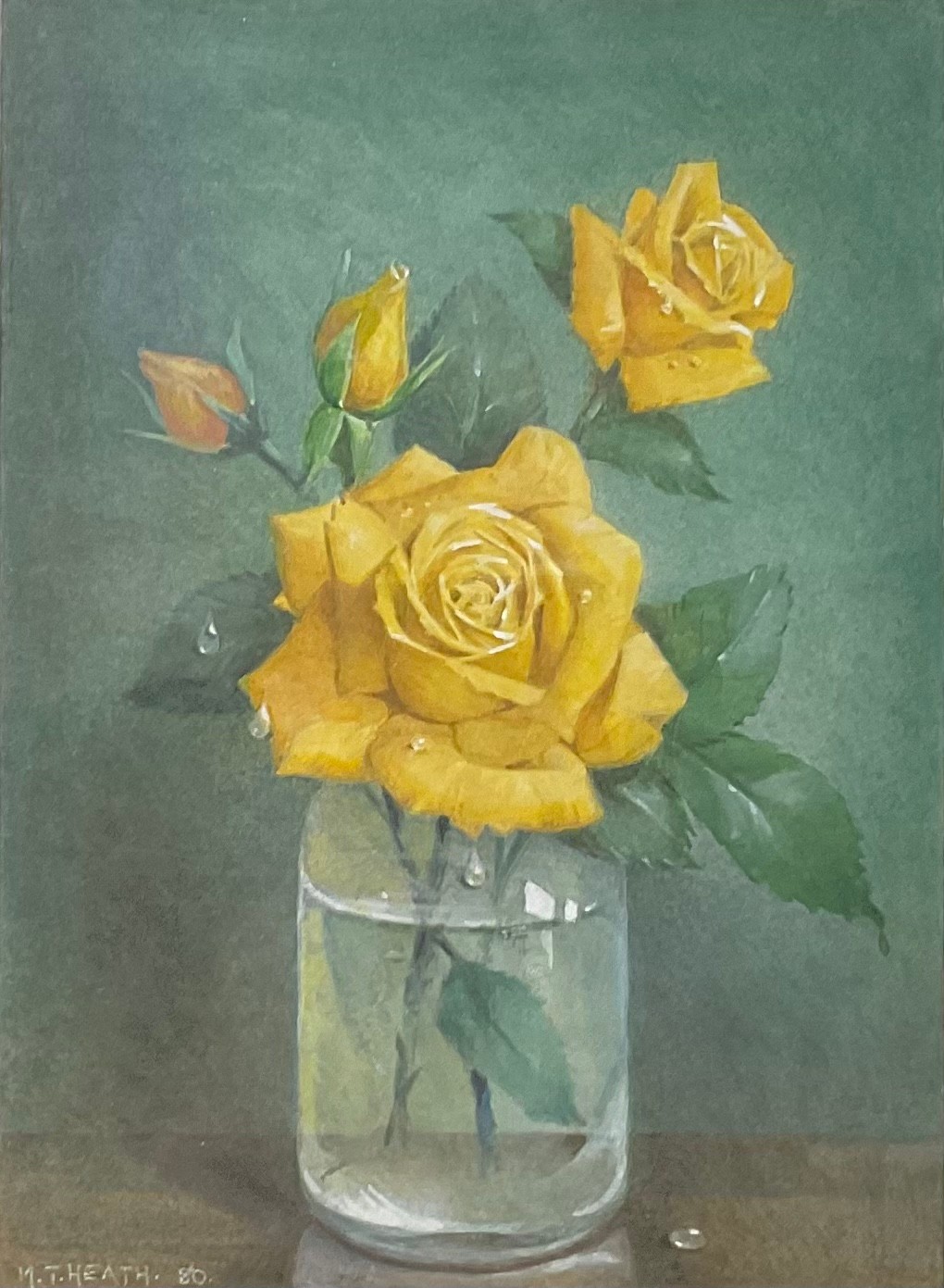 M T Heath (20th century) Still Life, Yellow Roses in a Glass Jar signed, watercolour heightened in - Image 3 of 6