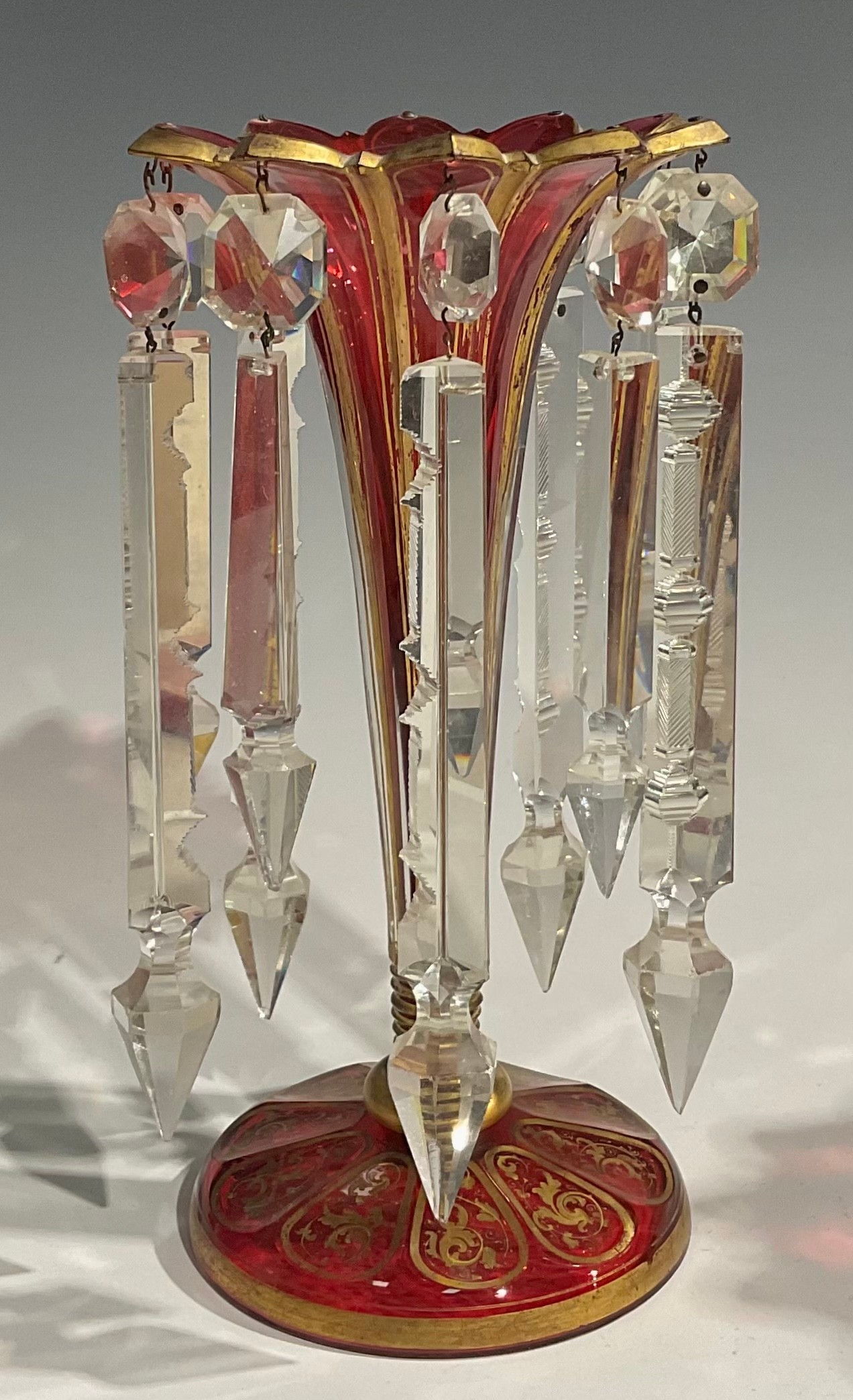 A pair of 19th century Bohemian ruby flashed and gilt table lustres, of trumpet form with shaped cut - Image 3 of 4