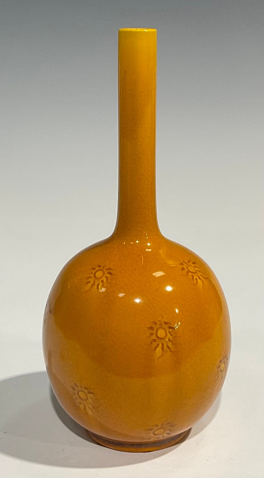 A Burmantofts Faience bottle vase, the globular body applied with sgraffito sunbursts, long - Image 4 of 5